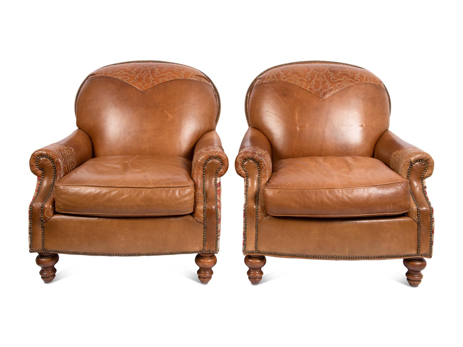 A Pair of Paul Robert Southwestern Style Leather and Kilim Upholstered Armchairs
