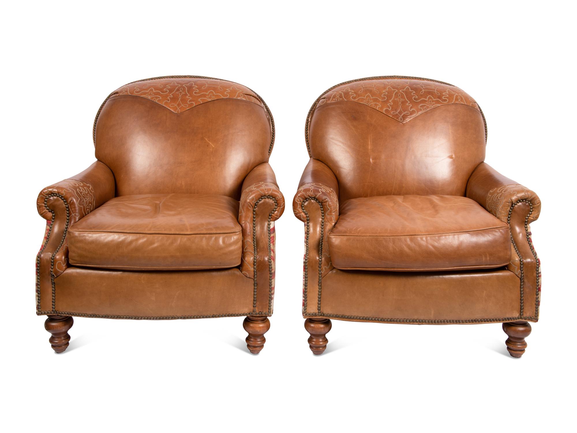 A Pair of Paul Robert Southwestern Style Leather and Kilim Upholstered Armchairs