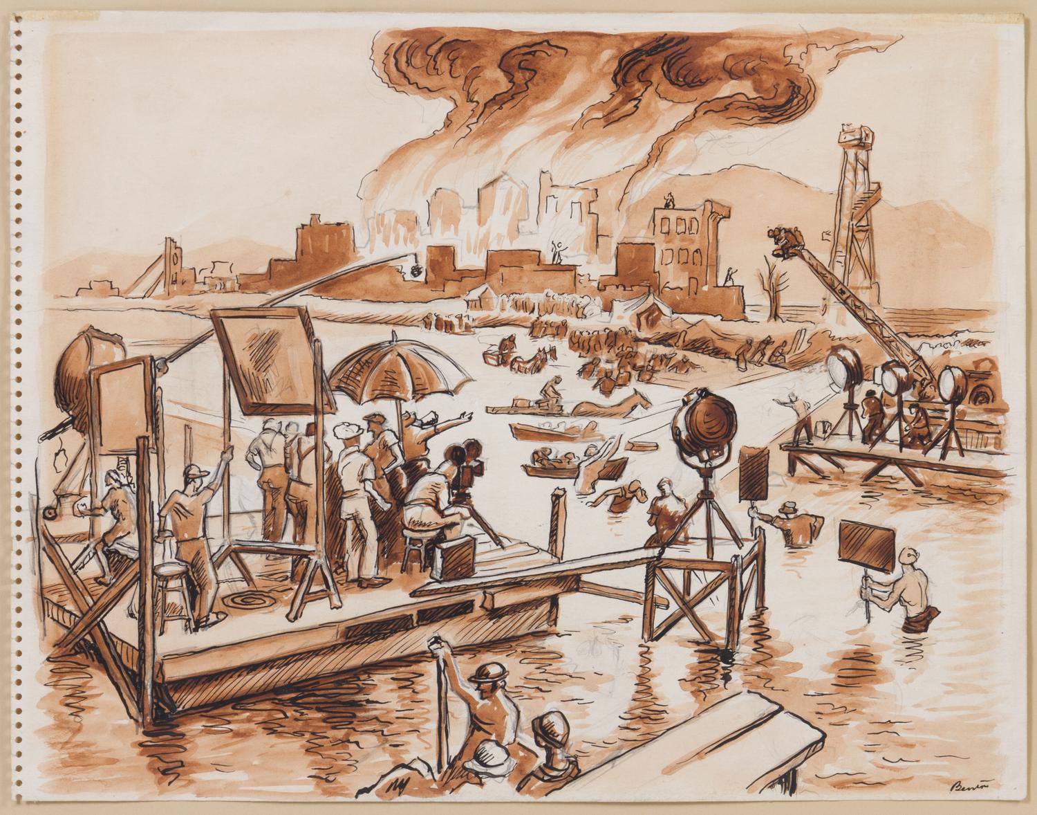Thomas Hart Benton, (American, 1889-1975), Burning of Chicago (sketch for Hollywood, 1937-1938)