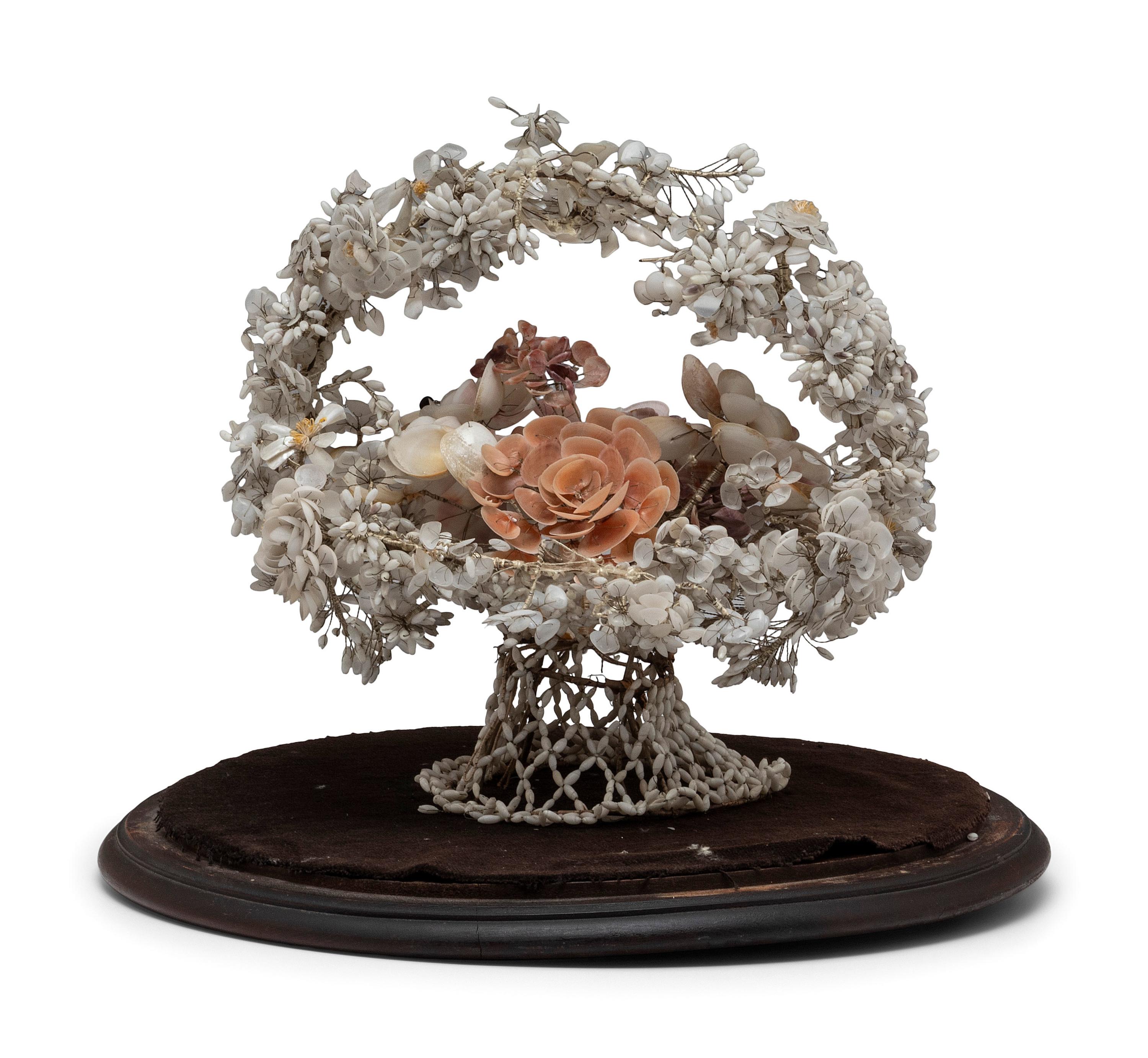 A Victorian Shellwork Basket of Flowers