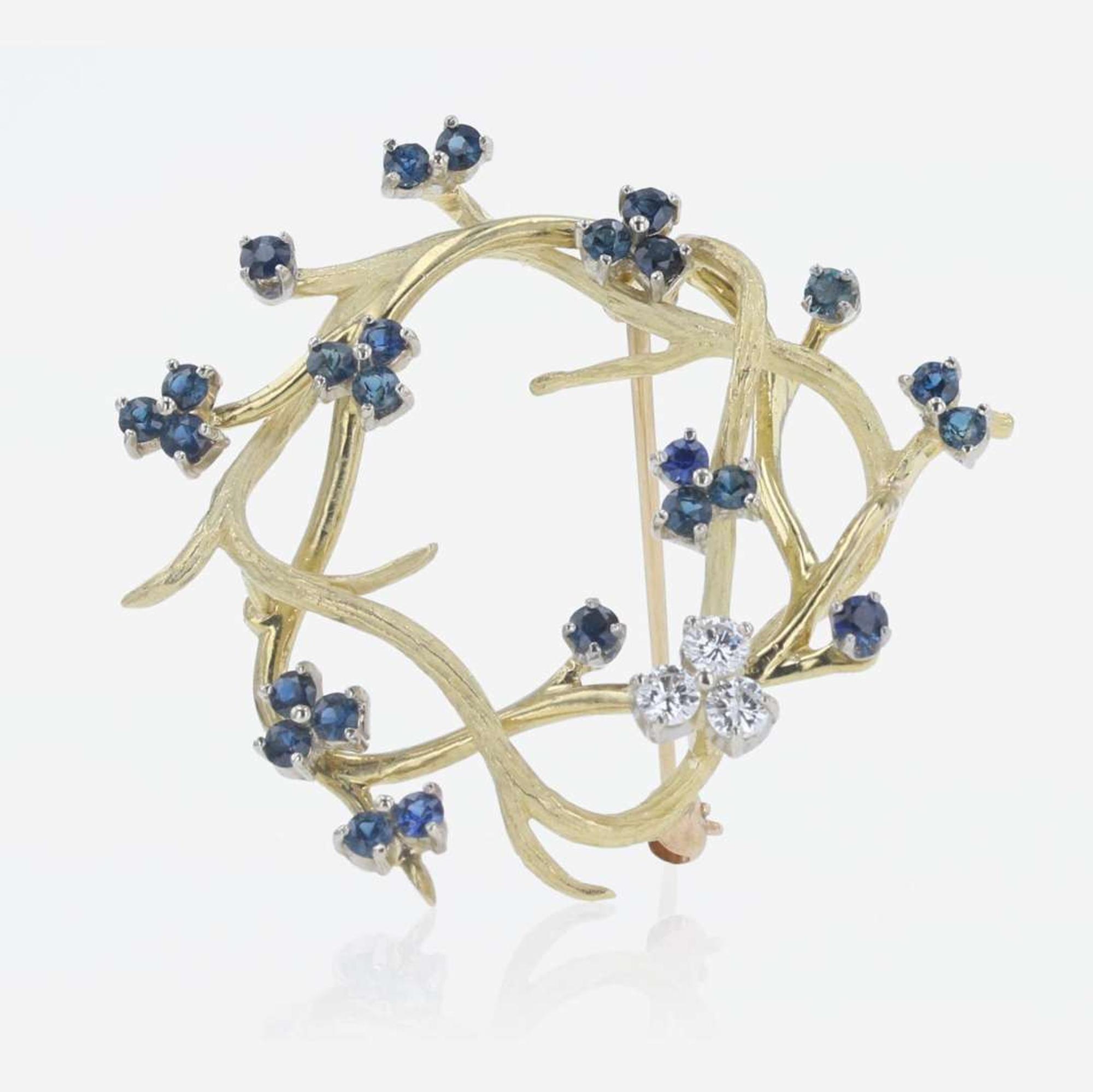 A 14K Yellow Gold, Diamond, and Sapphire Brooch