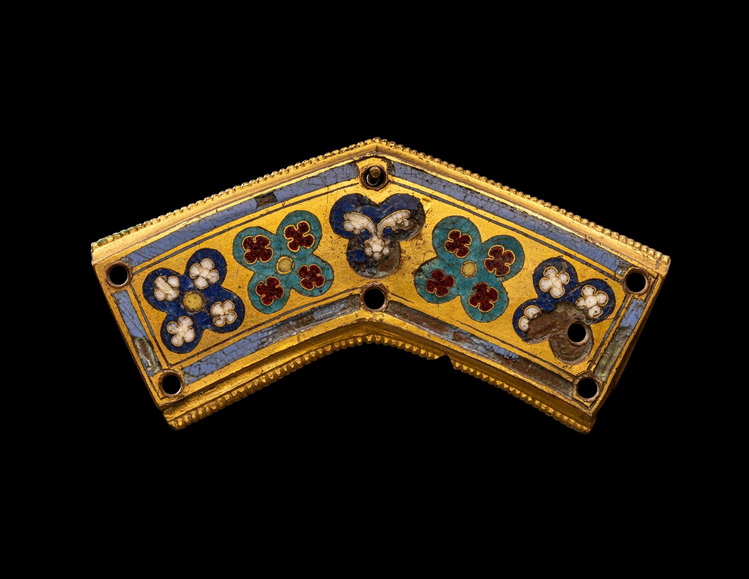 A Rhenish Champlevé and Gilt Copper Angular Framing Plaque