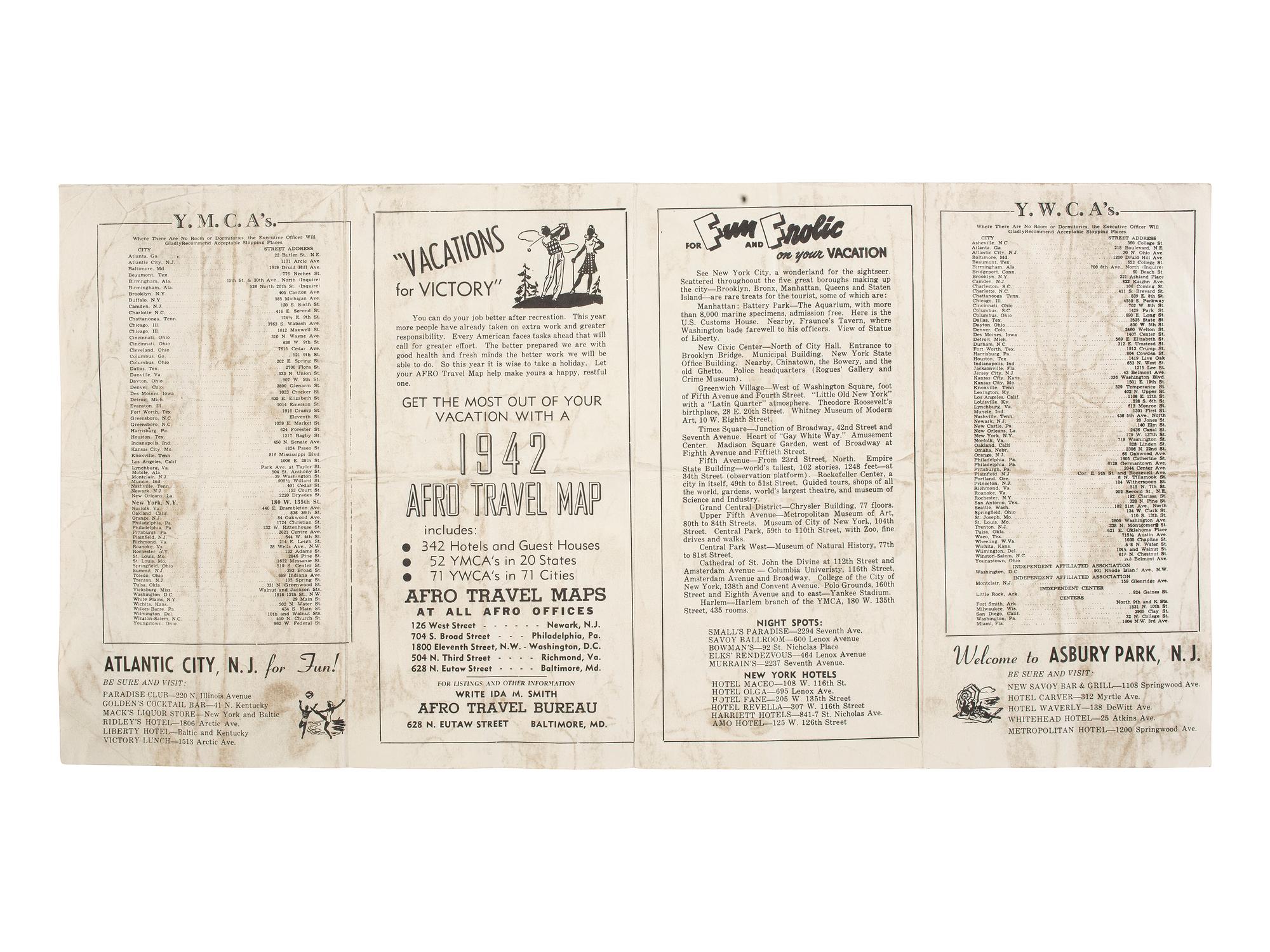 [BUSINESS]. Travel Guide of Negro Hotels and Guest Houses. Published by Afro-American Newspapers of Baltimore, Washington, Philadelphia, Newark, and Richmond, [ca 1942].