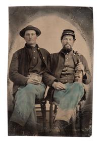 [CIVIL WAR]. Quarter plate tintype of a pair of Union pards sharing a drink.