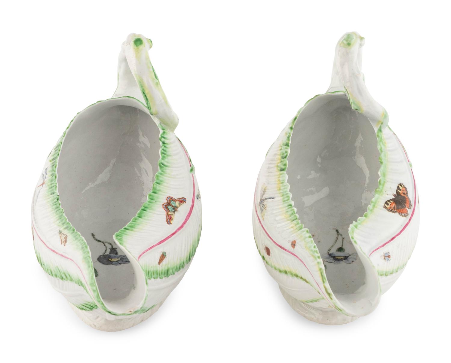 A Pair of Worcester Porcelain Leaf-Molded Sauce Boats