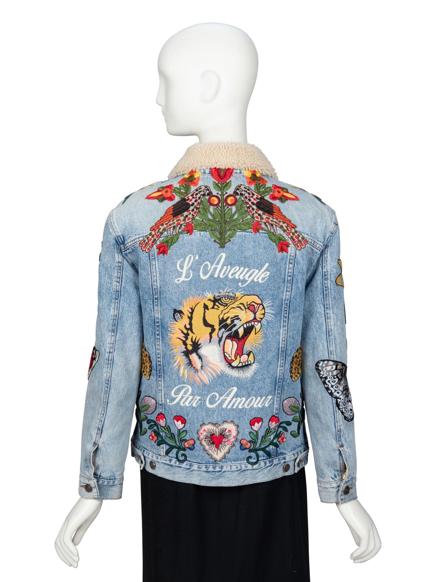 GUCCI, EMBROIDERED SHEARLING-DENIM JACKET