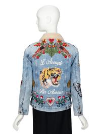 GUCCI, EMBROIDERED SHEARLING-DENIM JACKET