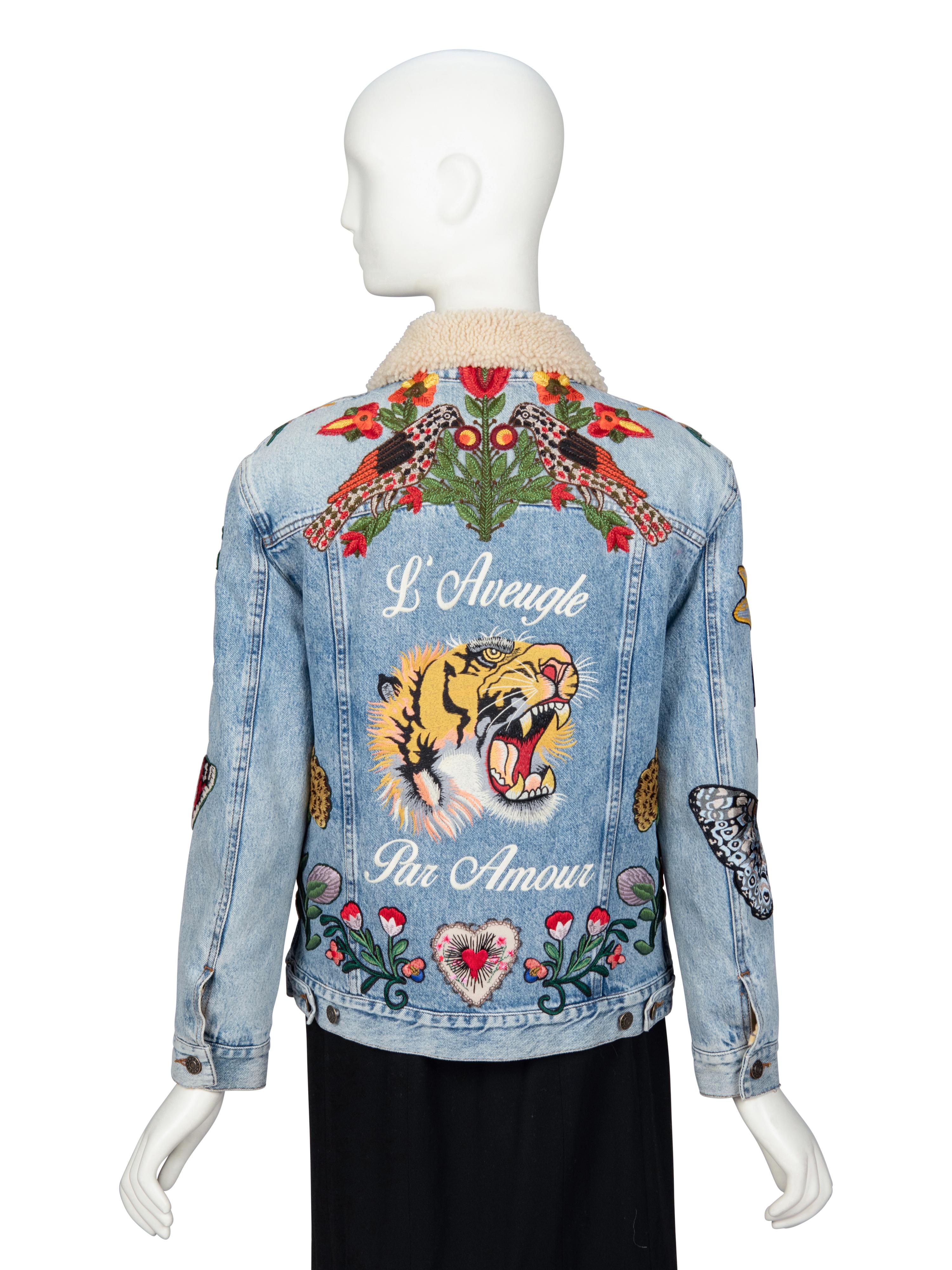 GUCCI, EMBROIDERED SHEARLING-DENIM JACKET