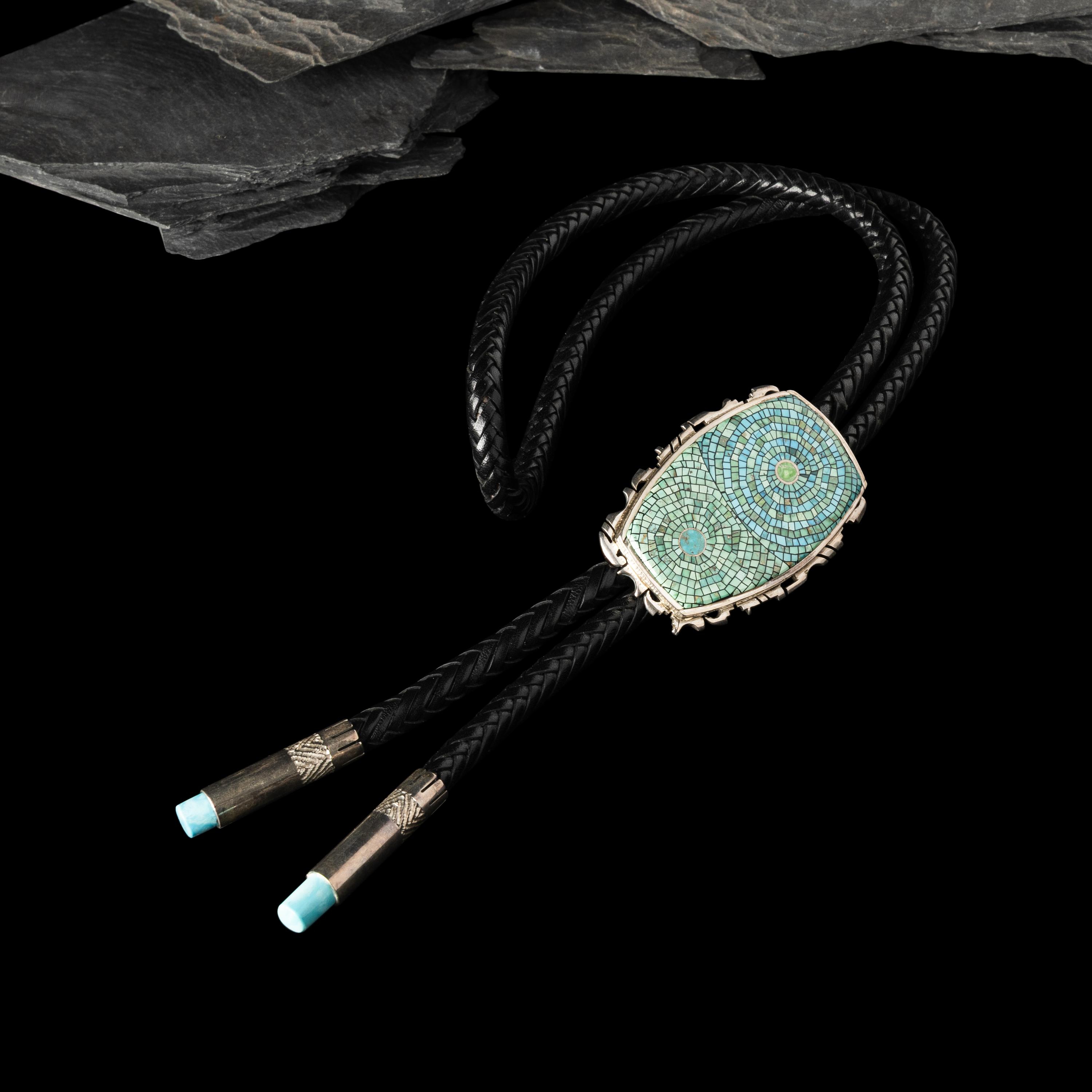 Bryon Yelllowhorse (Dine, b. 1972) — Silver and Turquoise Mosaic Inlay Bolo Tie
