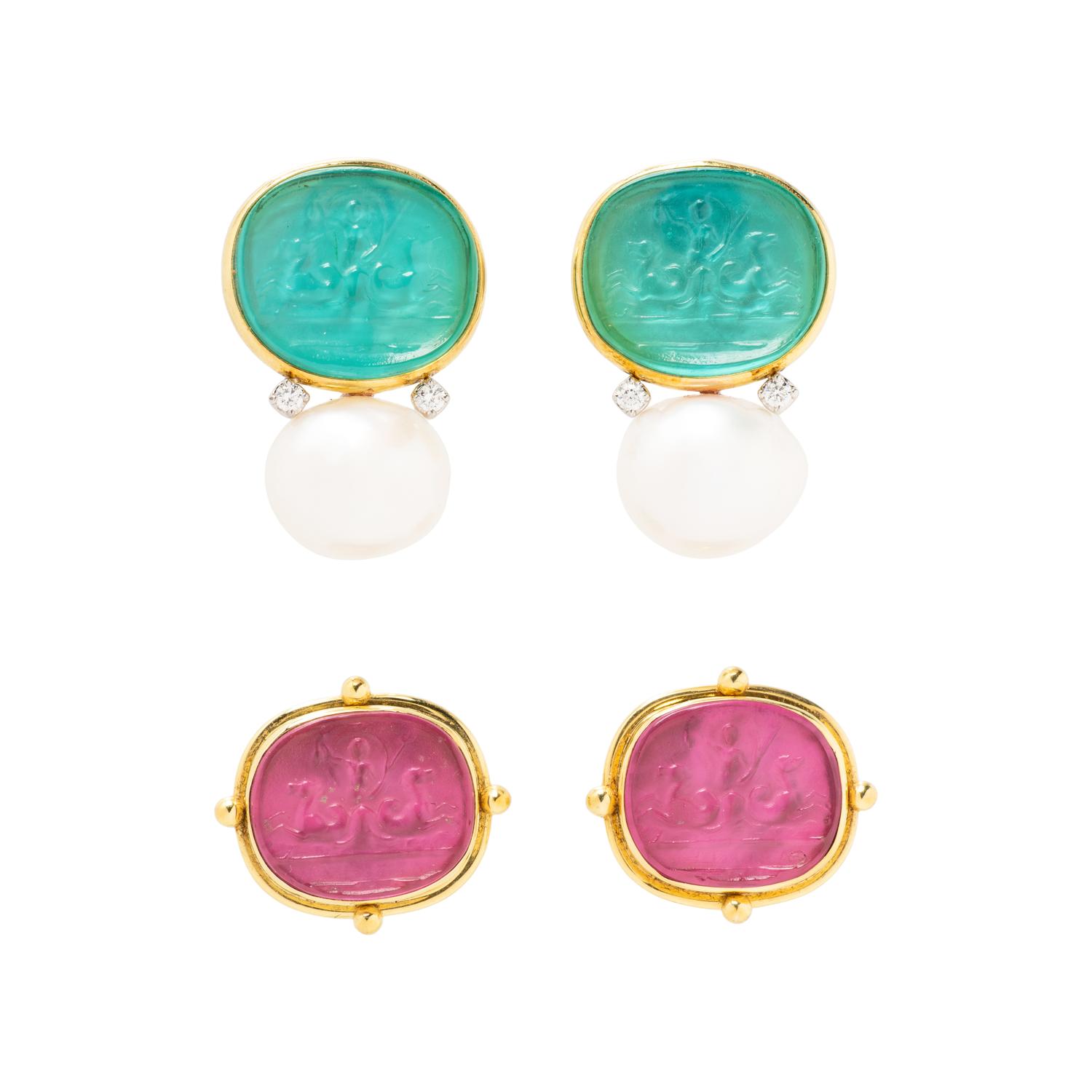 MAZ, TWO PAIRS OF YELLOW GOLD INTAGLIO CLIP EARRINGS