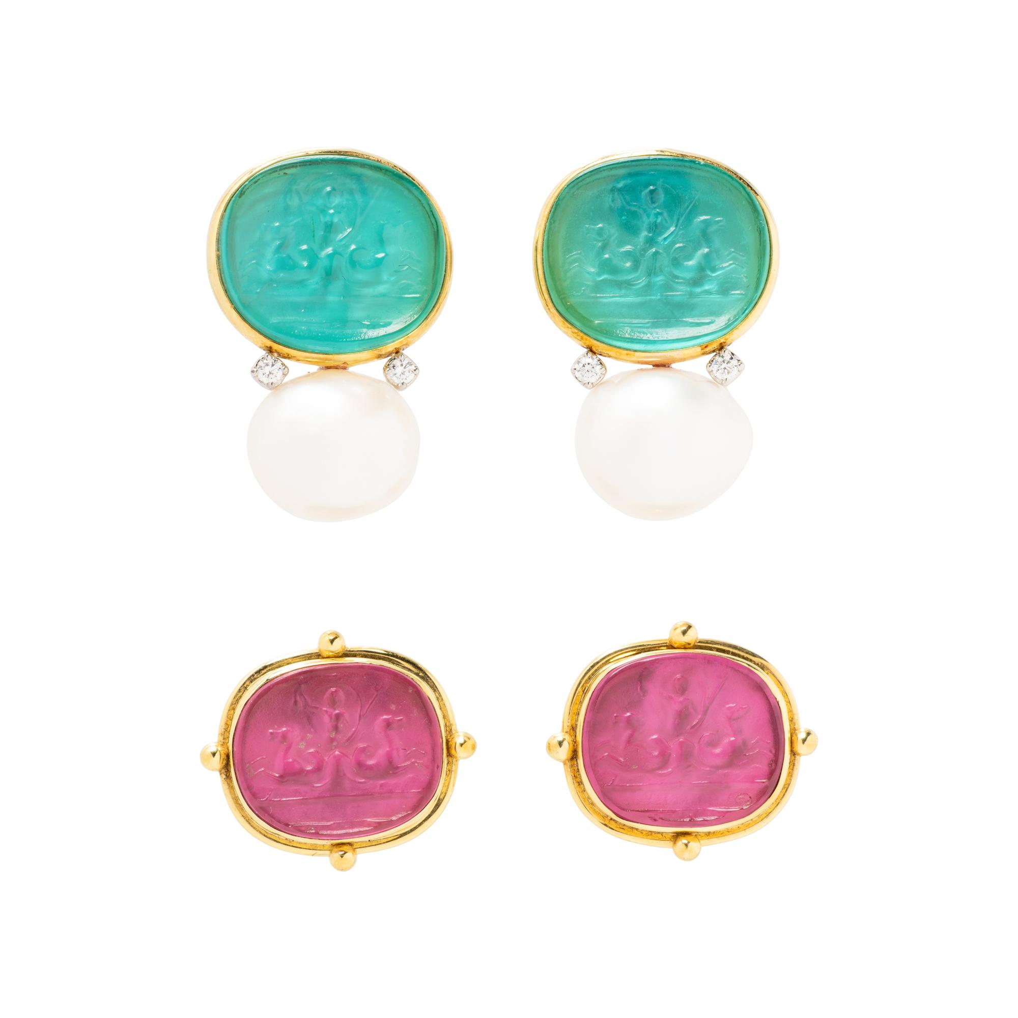MAZ, TWO PAIRS OF YELLOW GOLD INTAGLIO CLIP EARRINGS