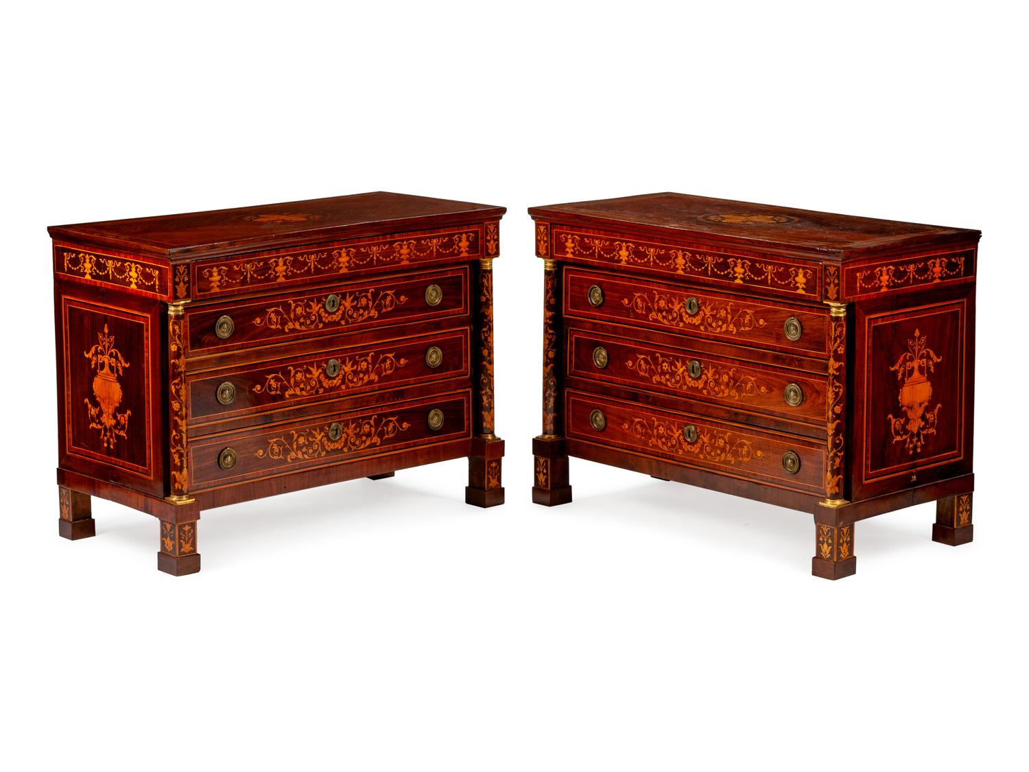A Pair of Italian Neoclassical Marquetry Commodes