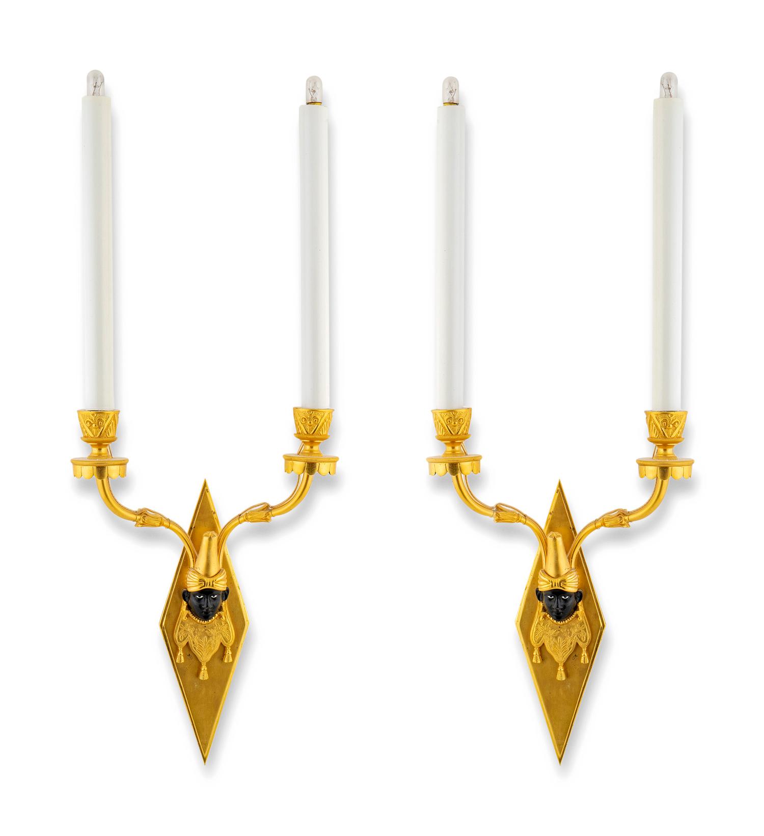 A Pair of Gilt Bronze and Ebonized Two- Light Wall Sconces — 20TH CENTURY