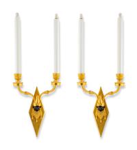 A Pair of Gilt Bronze and Ebonized Two- Light Wall Sconces — 20TH CENTURY