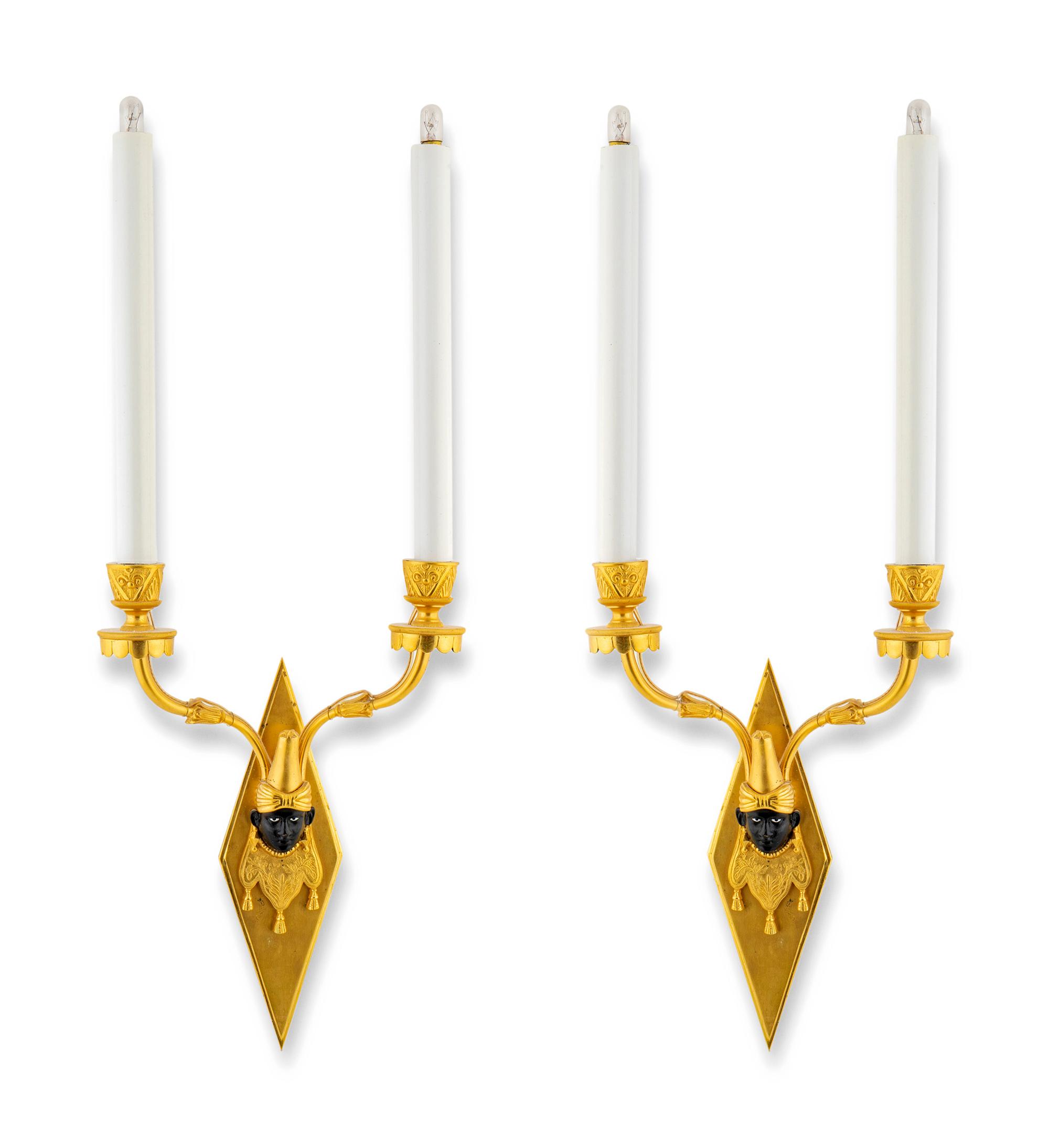 A Pair of Gilt Bronze and Ebonized Two- Light Wall Sconces — 20TH CENTURY