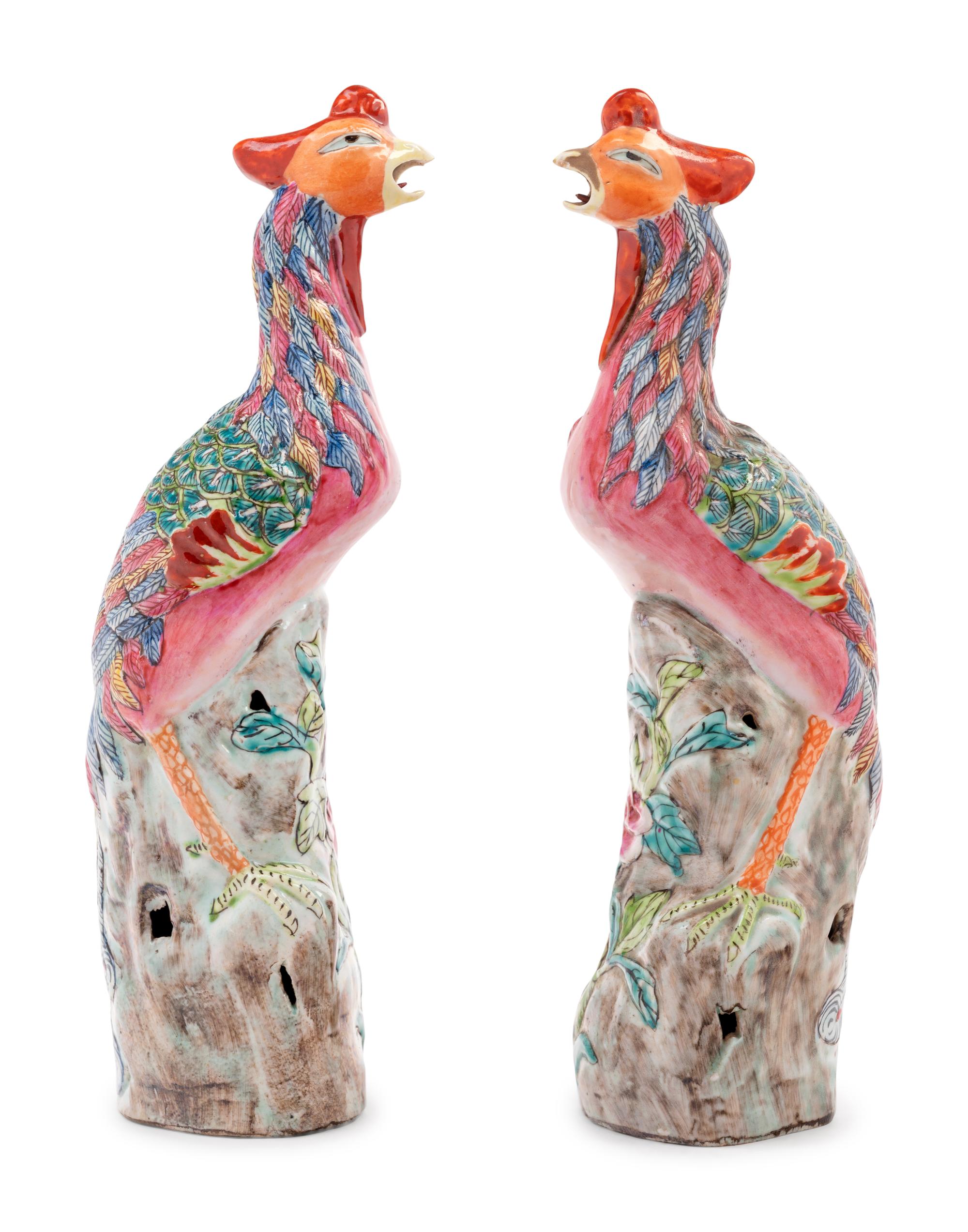 A Pair of Chinese Export Famille Rose Porcelain Figures of Phoenix