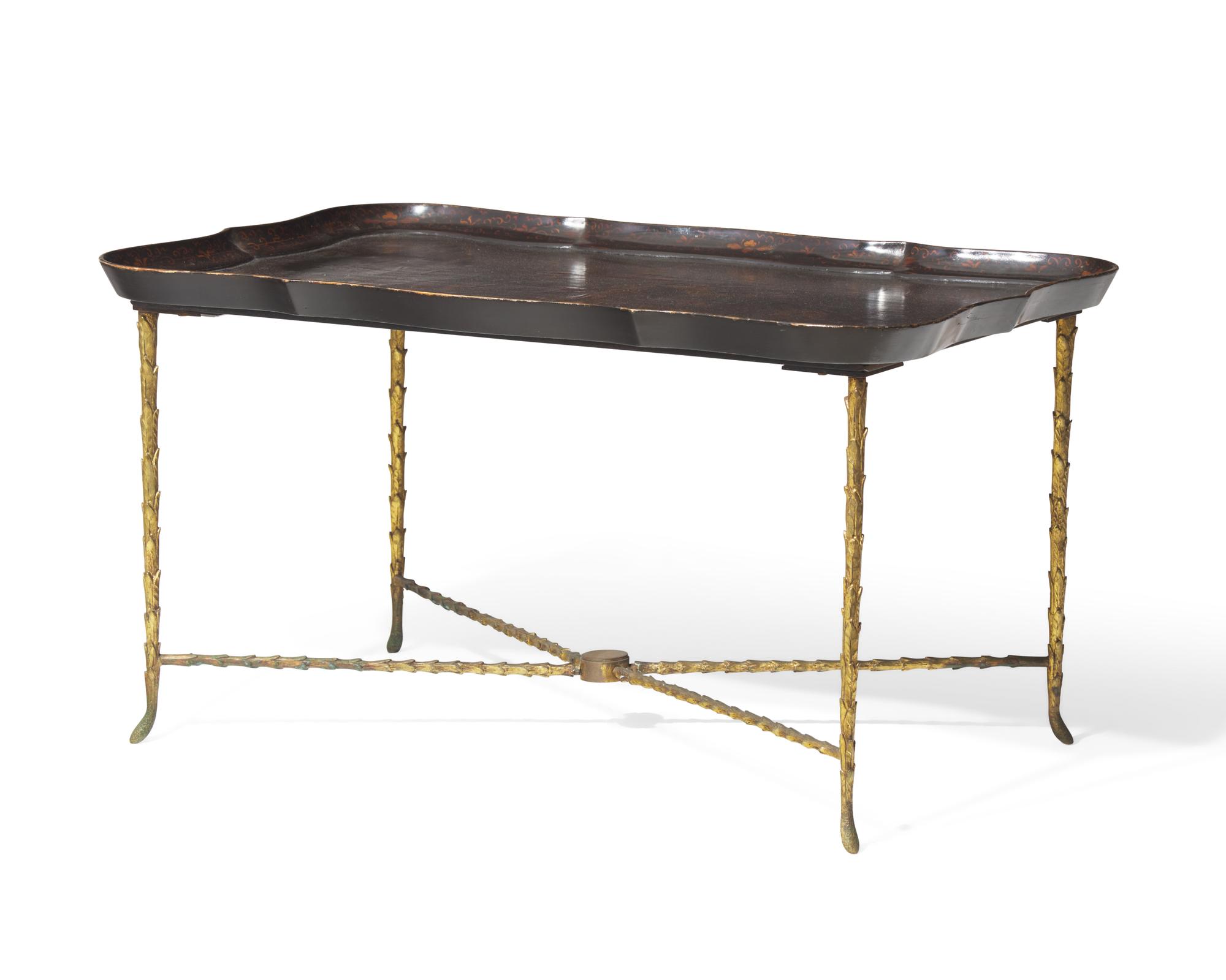 A Chinoiserie lacquered wood tray table on gilt bronze base, 20th century