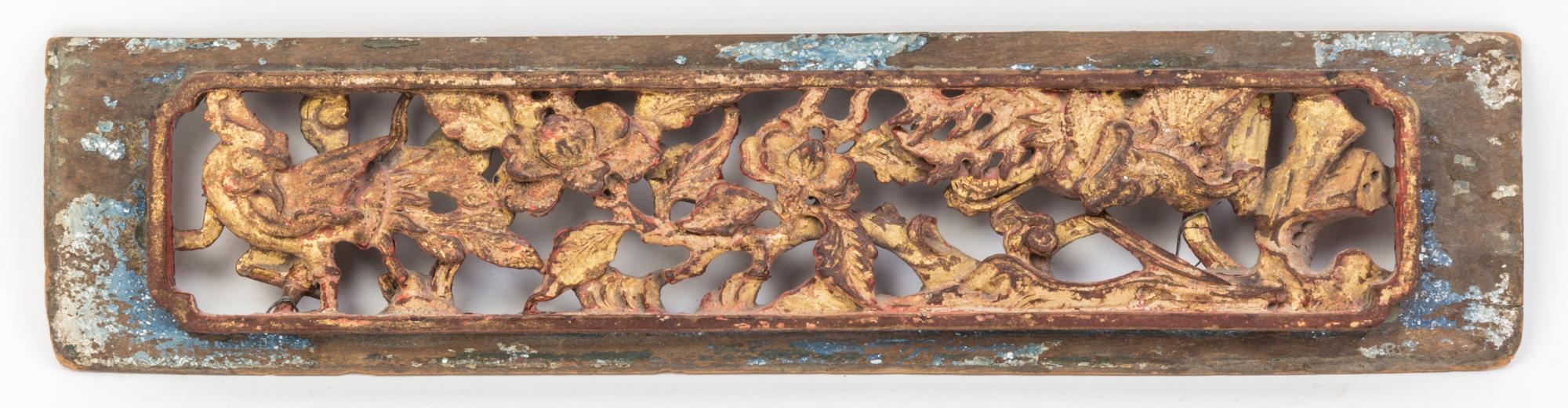 A Group of Four Chinese Gilt and Red Lacquered Wood Panels Height of largest 16 5/8 x width 10 7/8 inches.