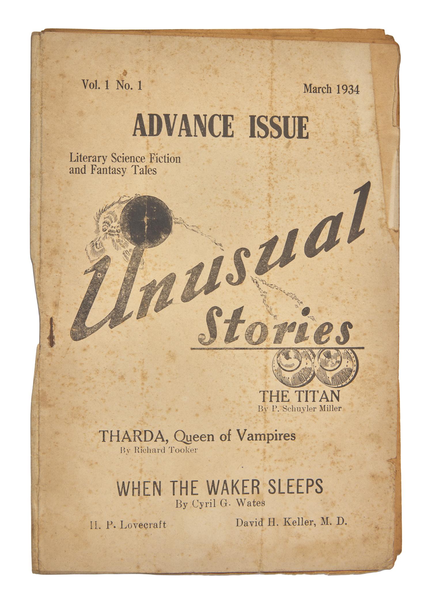 [LOVECRAFT, Howard Phillips (1890-1937)]. Unusual Stories. Vol. 1, No. 1. (Everett, Pennsylvania: Fantasy Publications), March 1934.