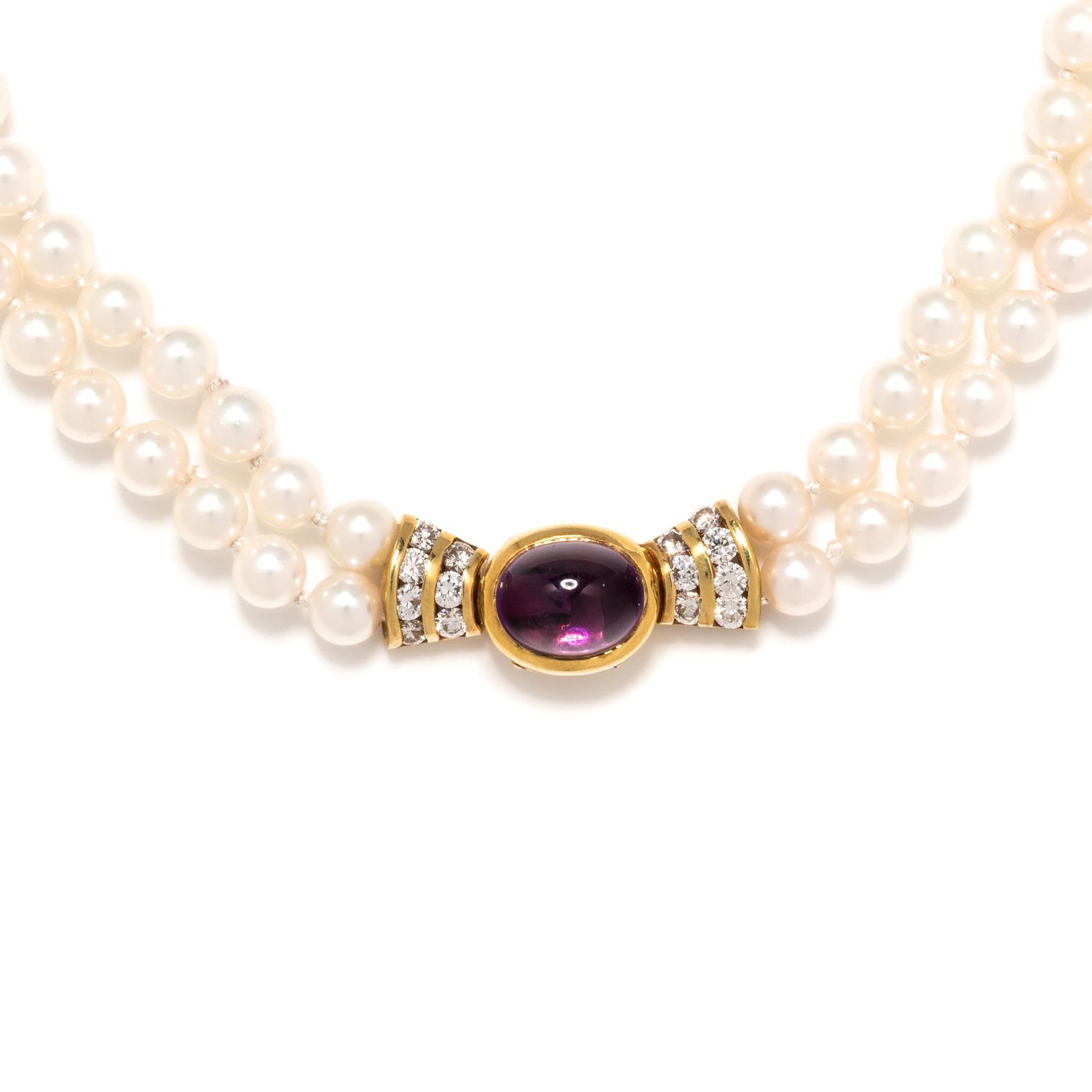 CULTURED PEARL, AMETHYST AND DIAMOND NECKLACE