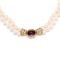 CULTURED PEARL, AMETHYST AND DIAMOND NECKLACE