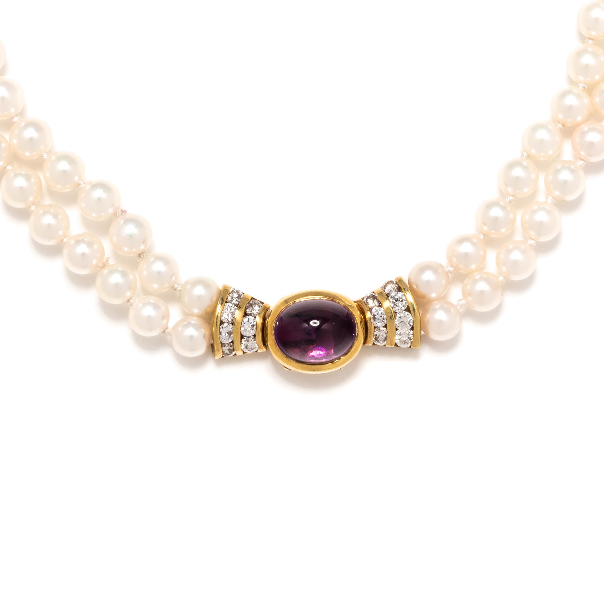 CULTURED PEARL, AMETHYST AND DIAMOND NECKLACE