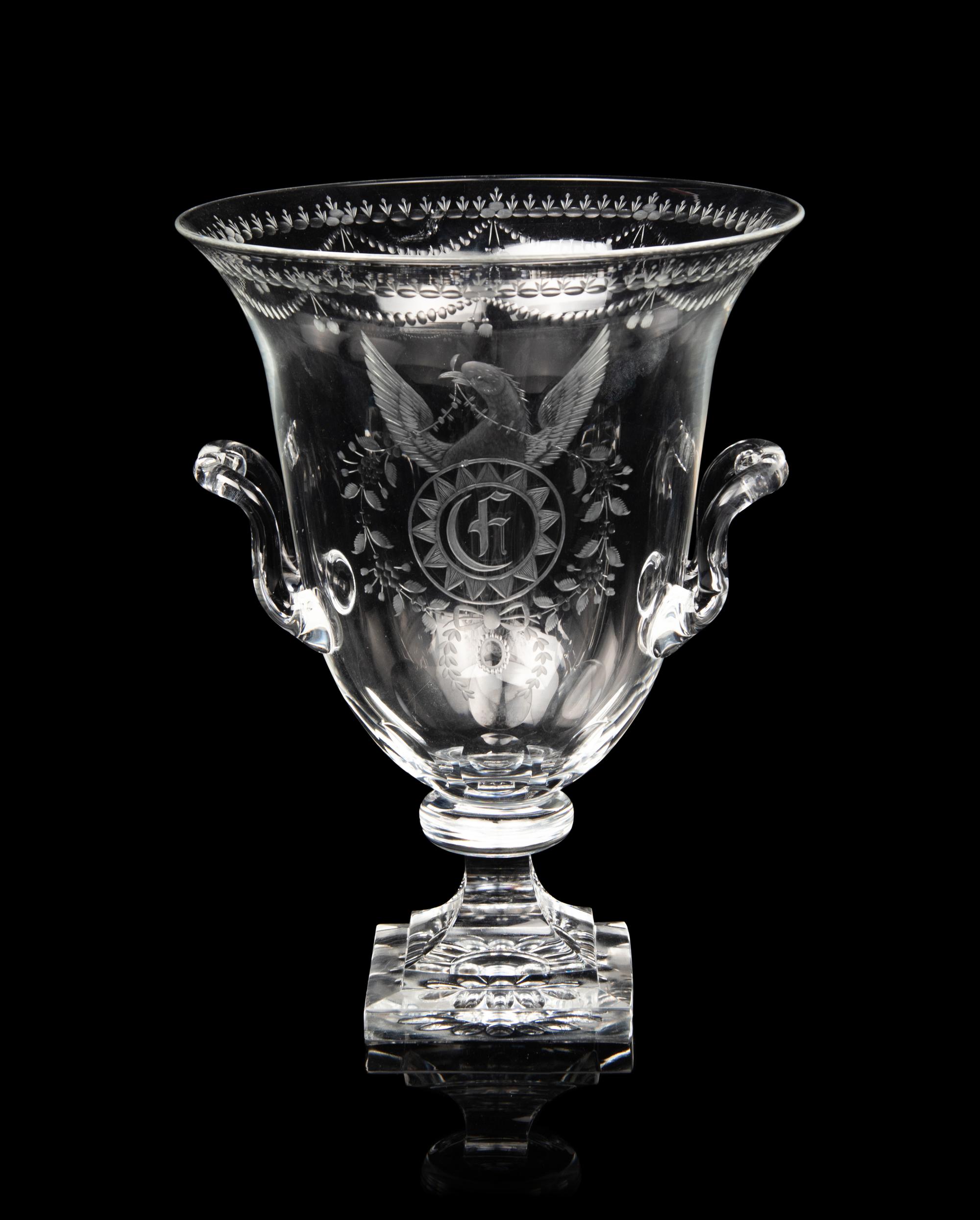 A Steuben Engraved Glass Strawberry Mansion Urn
