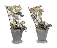 A Pair of Tôle and Porcelain Models of Flowering Trellises