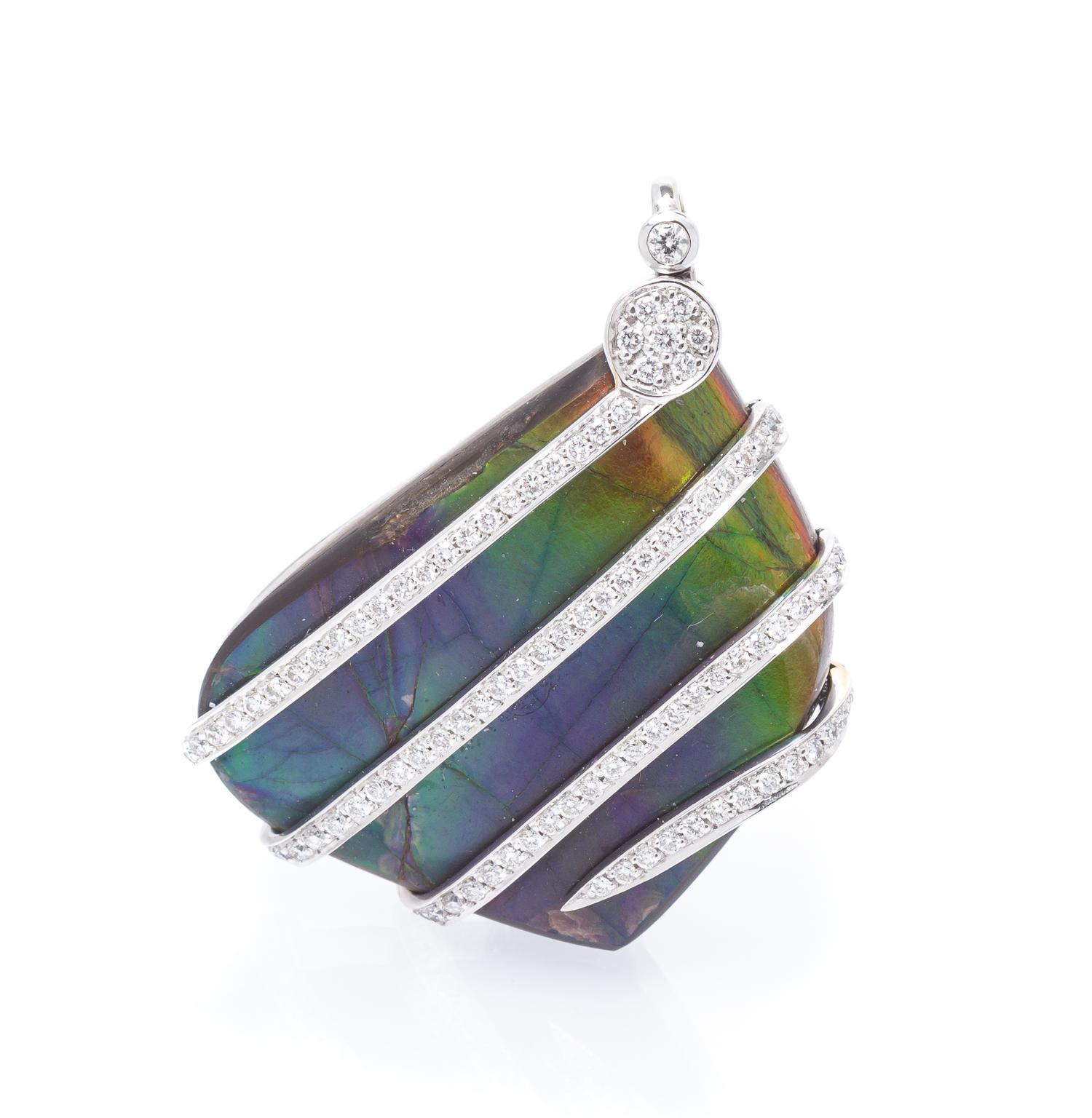 An 18 Karat White Gold, Ammolite and Diamond Pendant, 11.70 dwts.