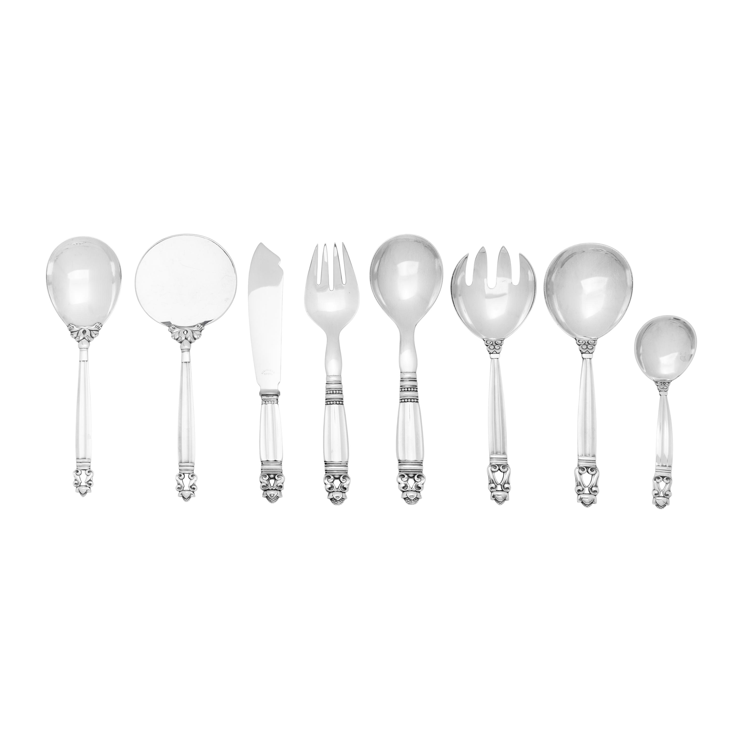 A Set of Eight Georg Jensen Acorn Silver Serving Articles