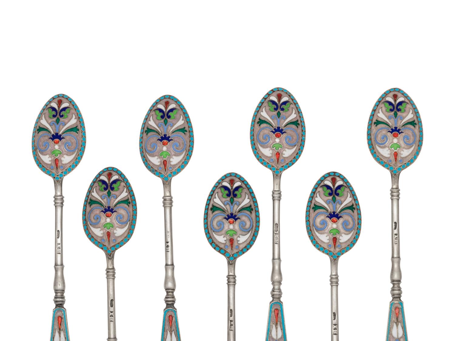 A Set of Russian Enameled Silver Coffee Spoons