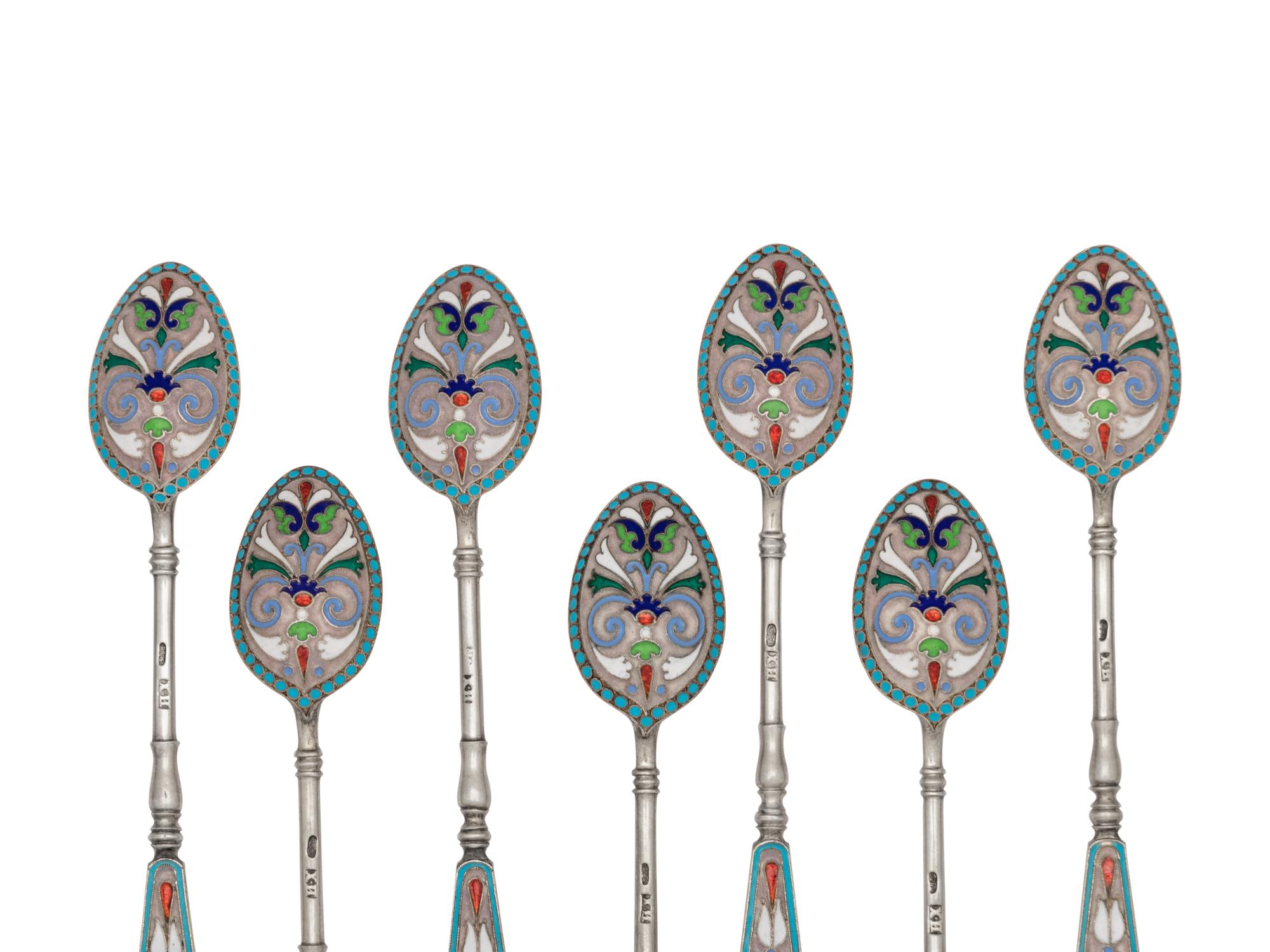 A Set of Russian Enameled Silver Coffee Spoons
