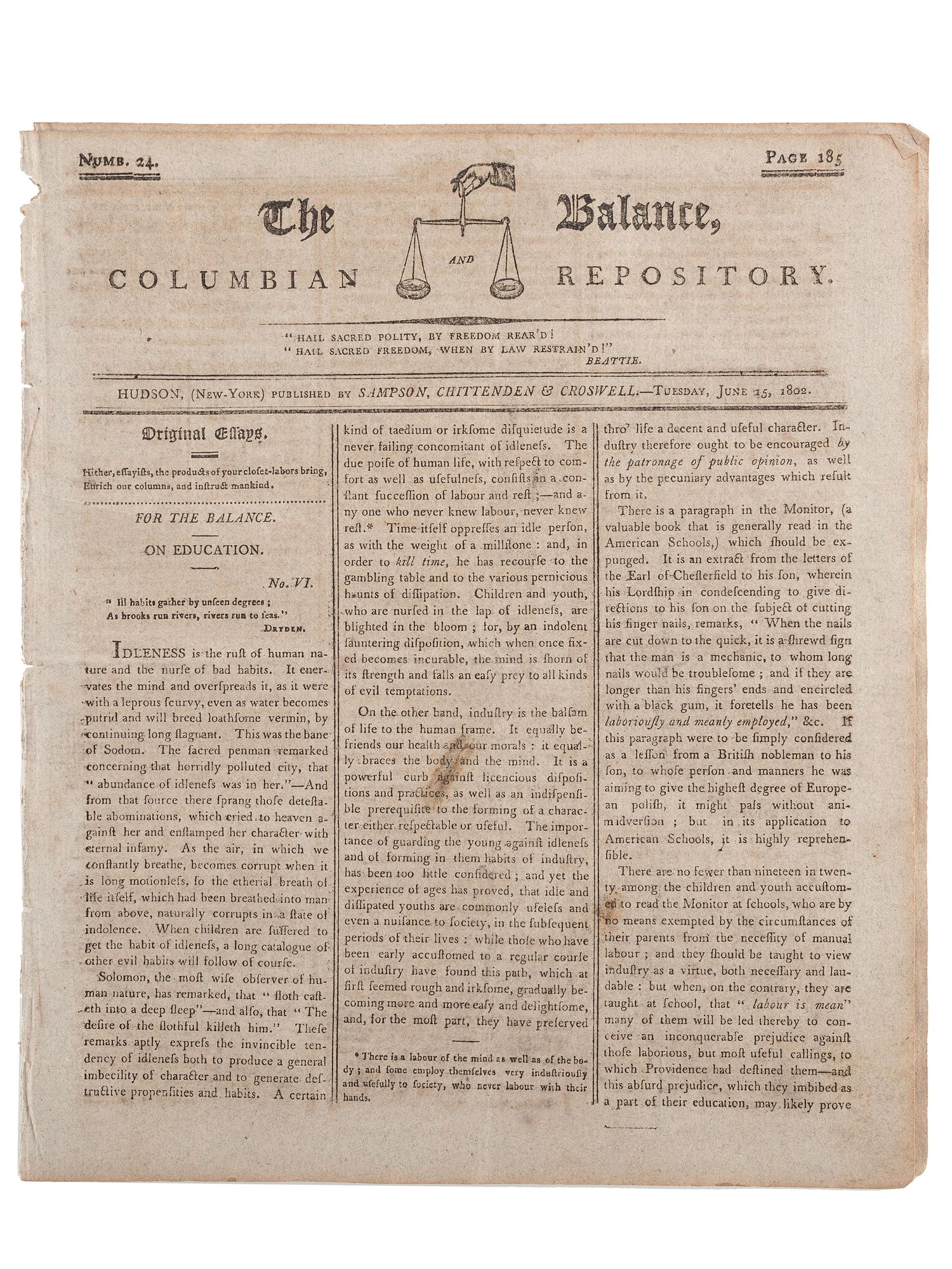 [SLAVERY & ABOLITION]. Advertisements for the return of freedom seekers published in 13 issues of The Balance, and Columbian Repository . Nos. 20-43. Hudson, NY: Sampson, Chittenden & Croswell. 18 May-26 October 1802.