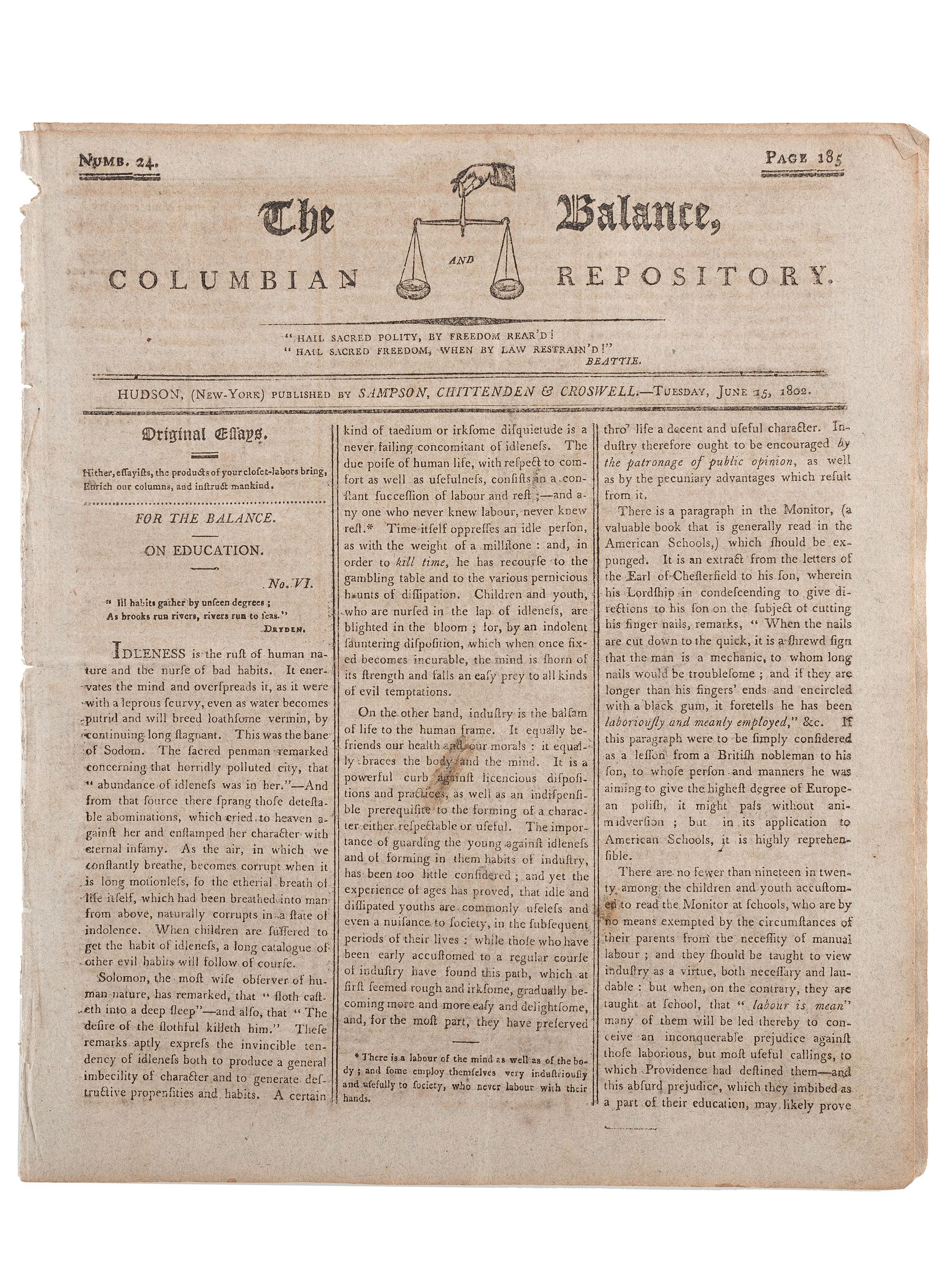 [SLAVERY & ABOLITION]. Advertisements for the return of freedom seekers published in 13 issues of The Balance, and Columbian Repository . Nos. 20-43. Hudson, NY: Sampson, Chittenden & Croswell. 18 May-26 October 1802.