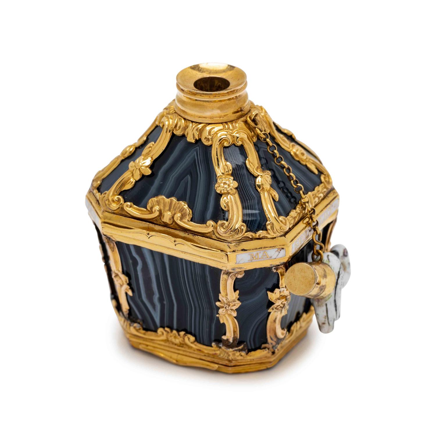 A George III Gold-Mounted Agate and Enameled Scent Bottle, Snuff Box and Patch Box