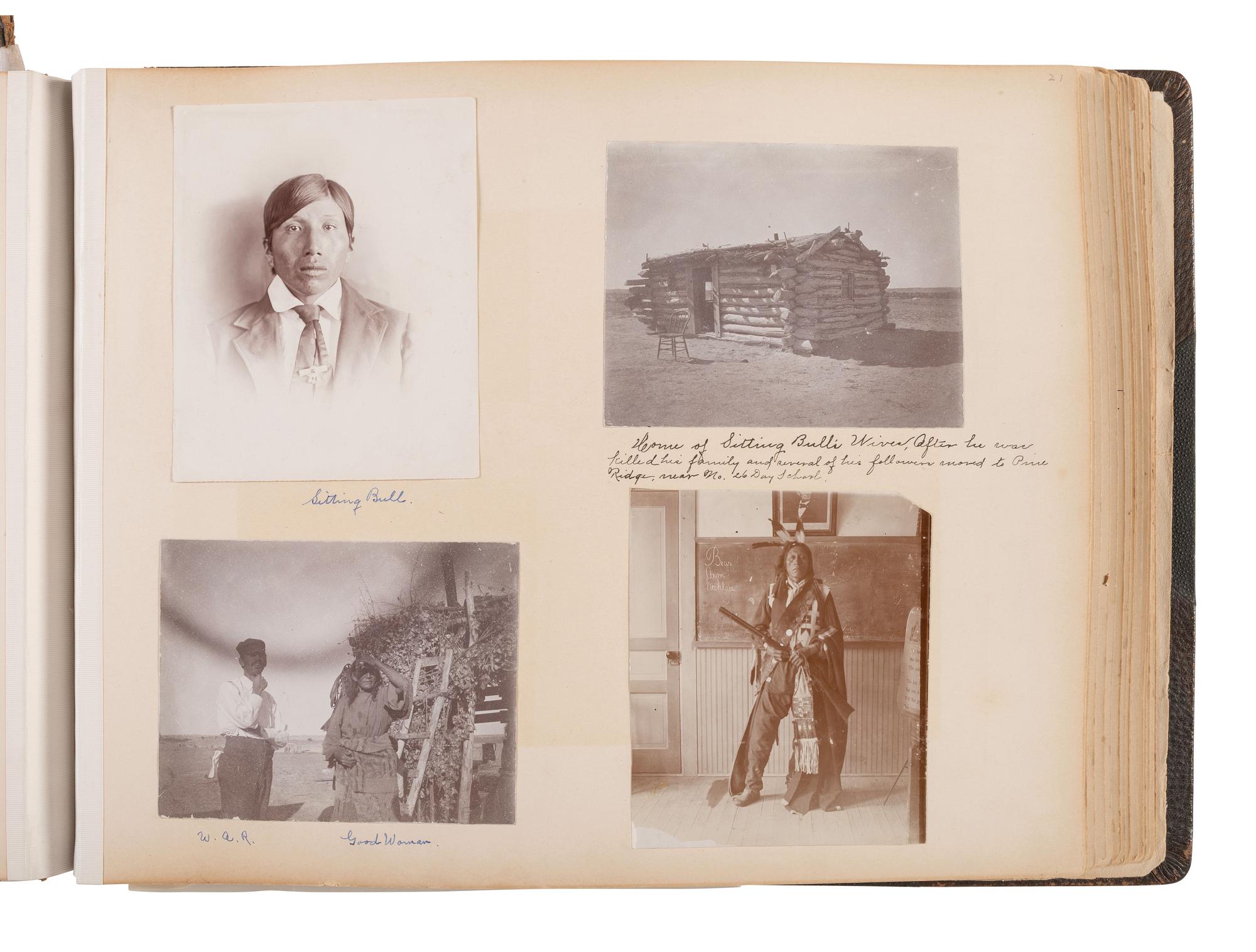 Exceptional album containing photographs of Pine Ridge Reservation and its surroundings, incl. Native American subjects, Indian schools, ceremonies, camp life, and Wounded Knee. Ca late 1890s-early 1900s.