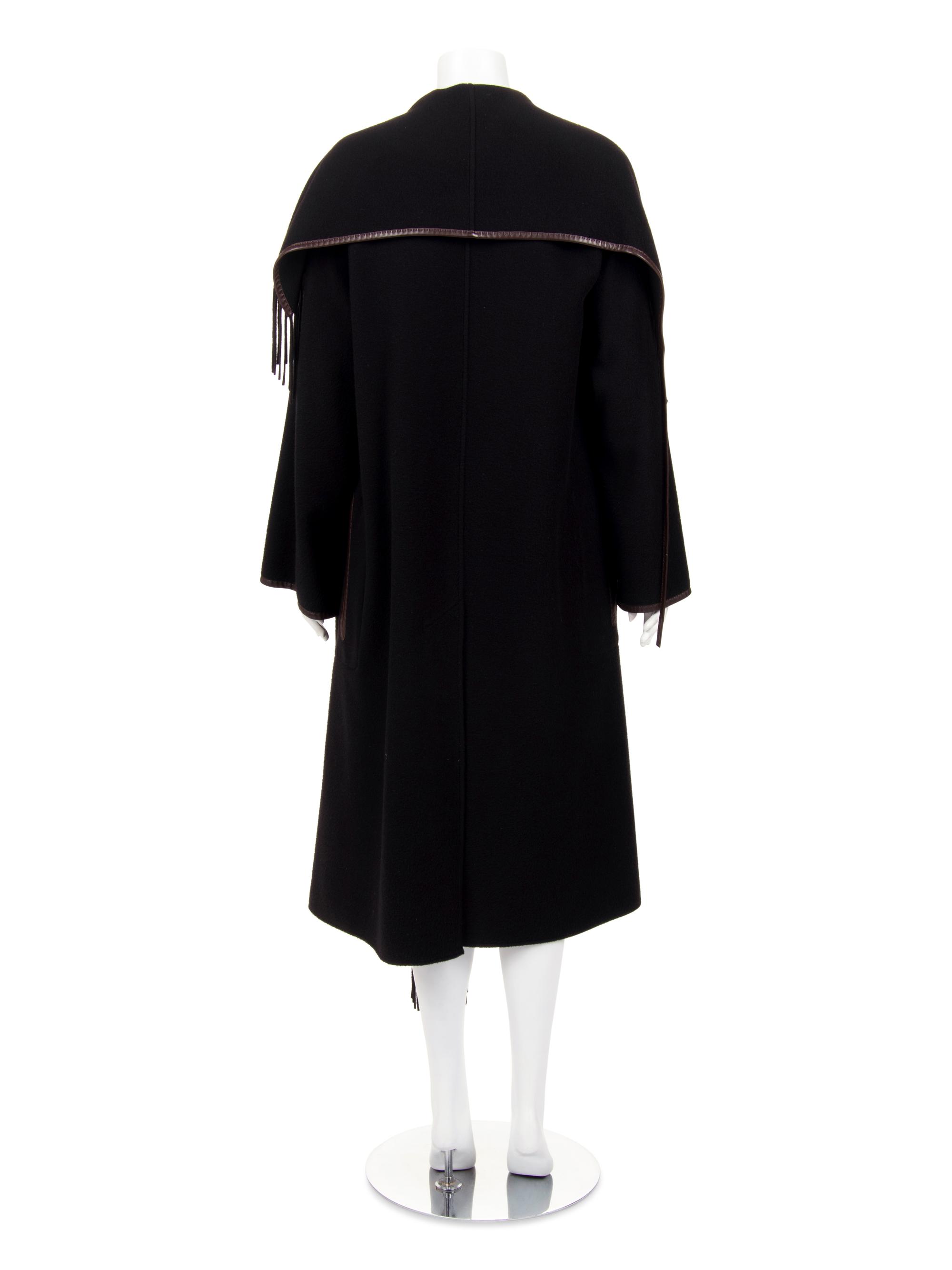 Hermès Cashmere Fringed Coat Trimmed with Leather