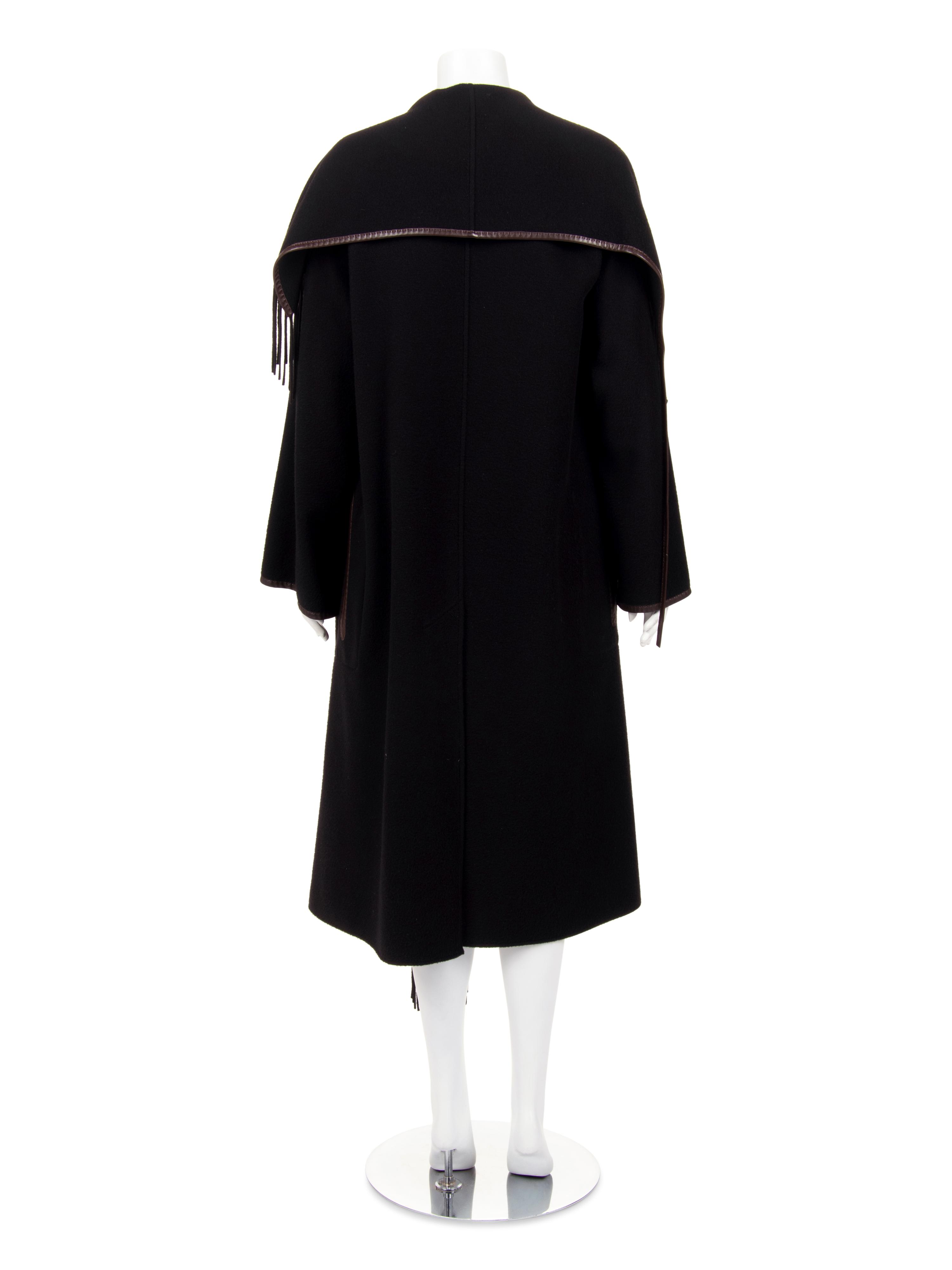 Hermès Cashmere Fringed Coat Trimmed with Leather