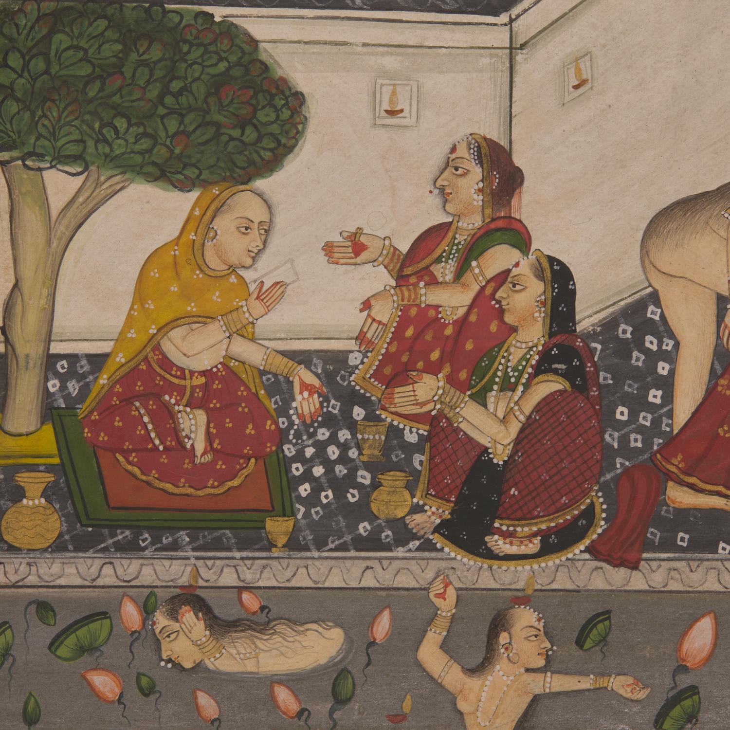 A Painting of Radha and Krishna Celebrating the Tej Festival and A Painting of Radha and Krishna Indoors Facing One Another, Probably Udaipur or Jaipur, India, 20th Century