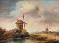 Landscape and Riverscape with Windmills (a pair of works)