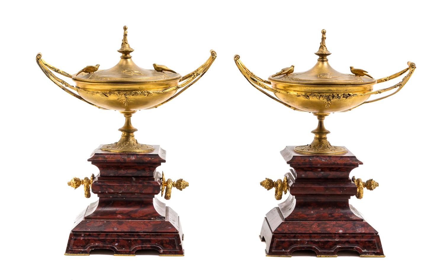 A Pair of Continental Gilt Bronze and Marble Covered Urns Height 11 1/2 inches. — 19TH CENTURY