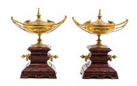 A Pair of Continental Gilt Bronze and Marble Covered Urns Height 11 1/2 inches. — 19TH CENTURY