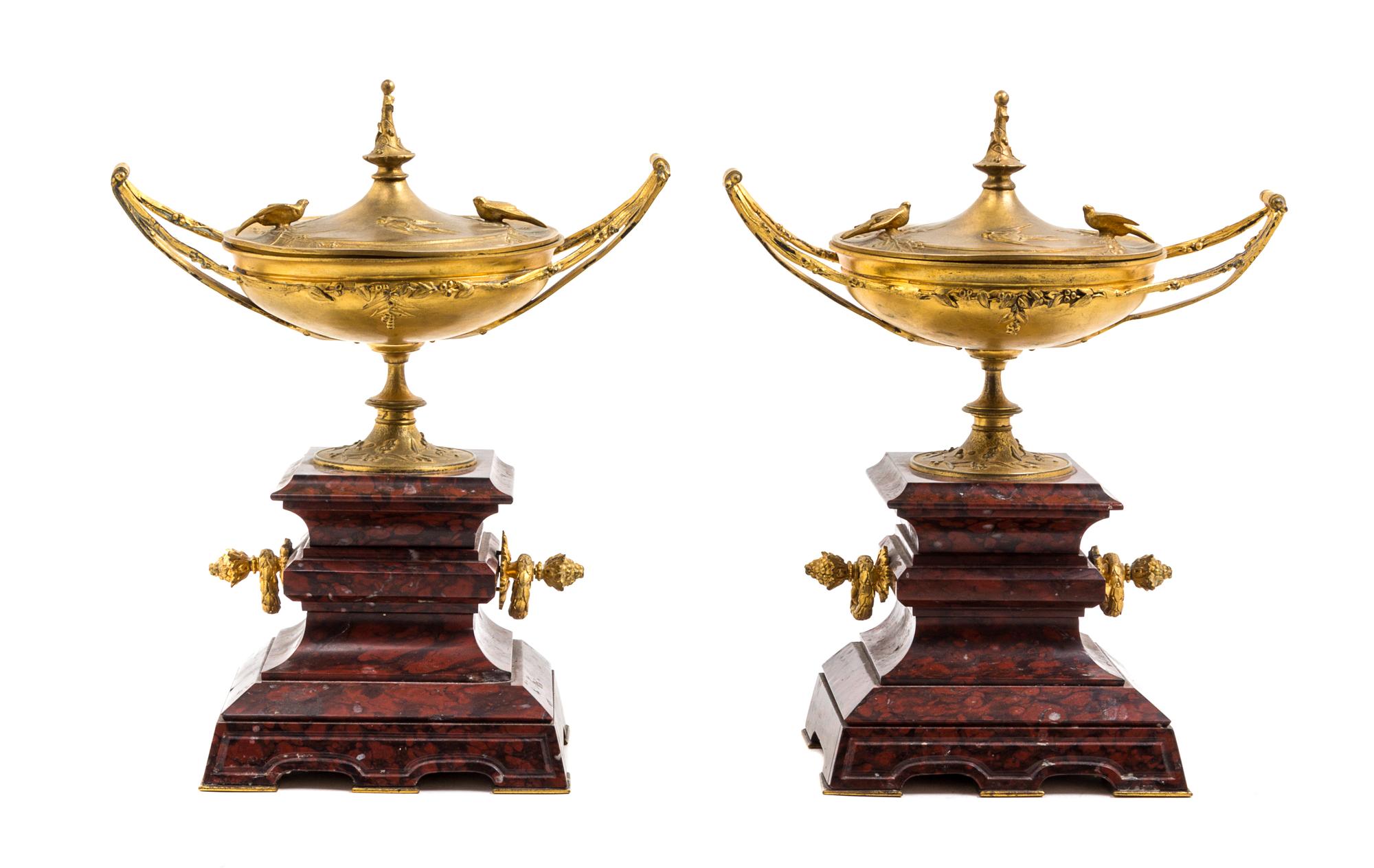 A Pair of Continental Gilt Bronze and Marble Covered Urns Height 11 1/2 inches. — 19TH CENTURY