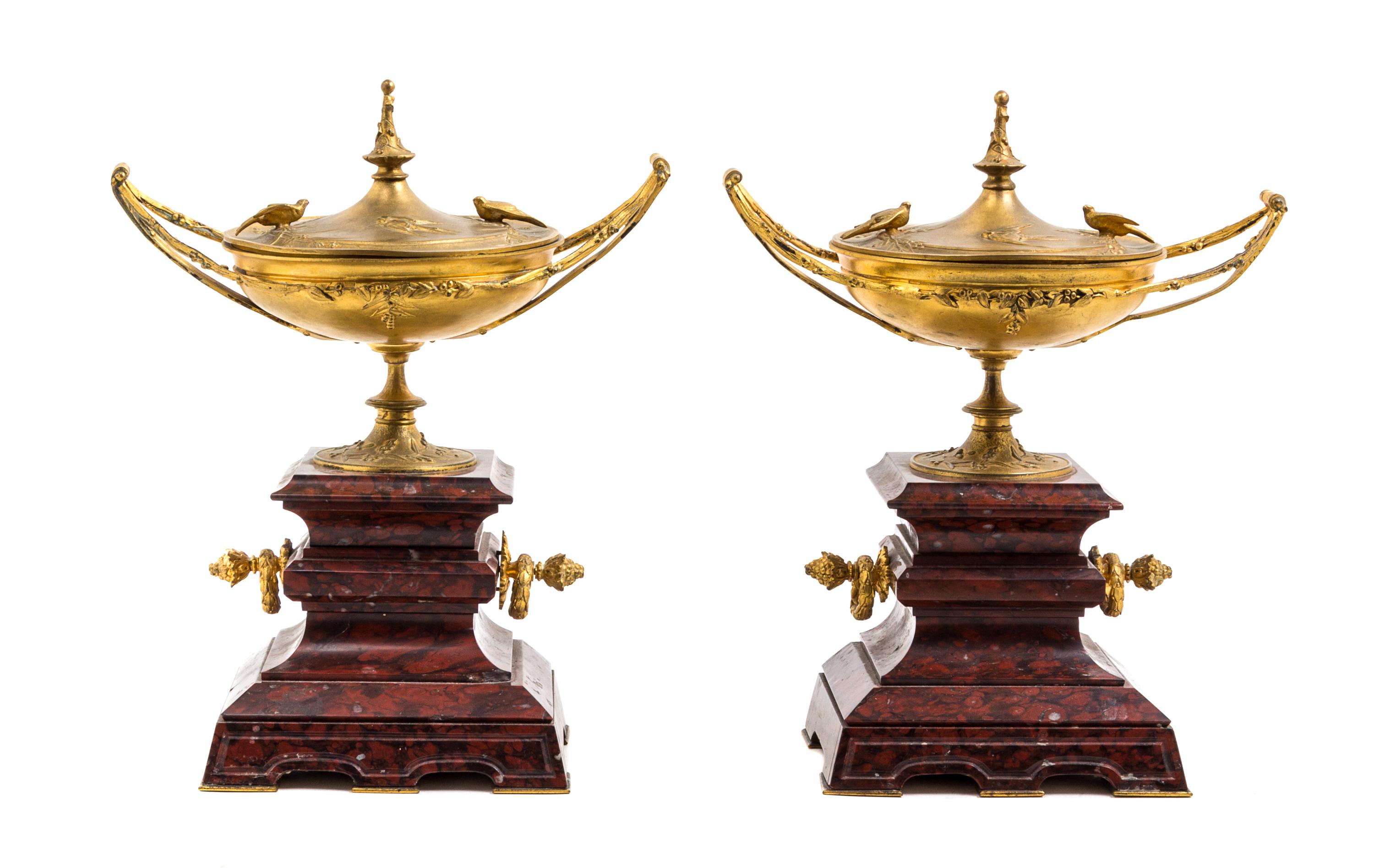 A Pair of Continental Gilt Bronze and Marble Covered Urns Height 11 1/2 inches. — 19TH CENTURY