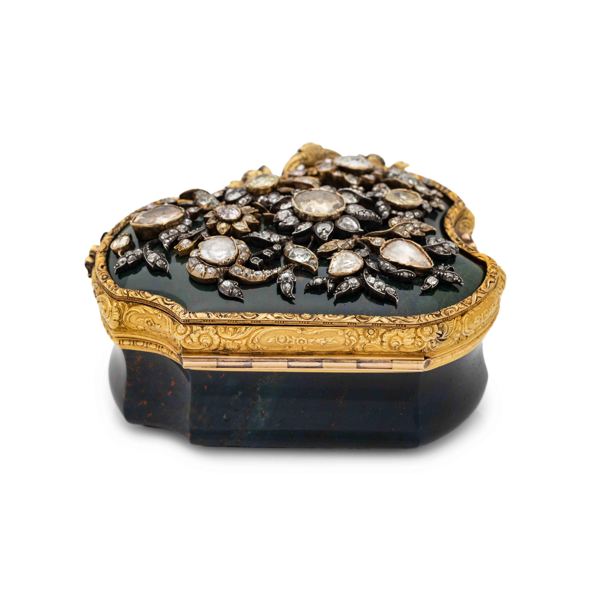 A Diamond, Colored Diamond and Gold Mounted Bloodstone Box