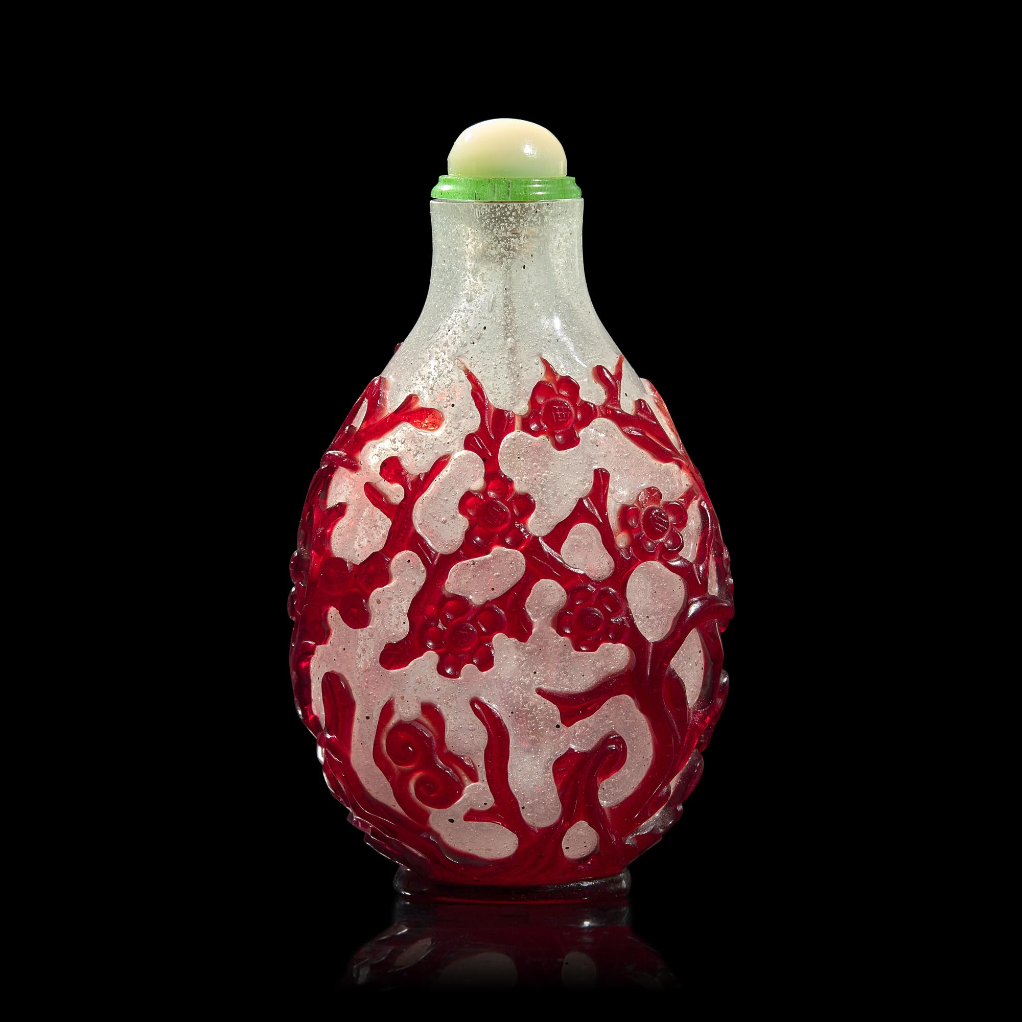 A Chinese Ruby Overlay Glass "Prunus" Snuff Bottle