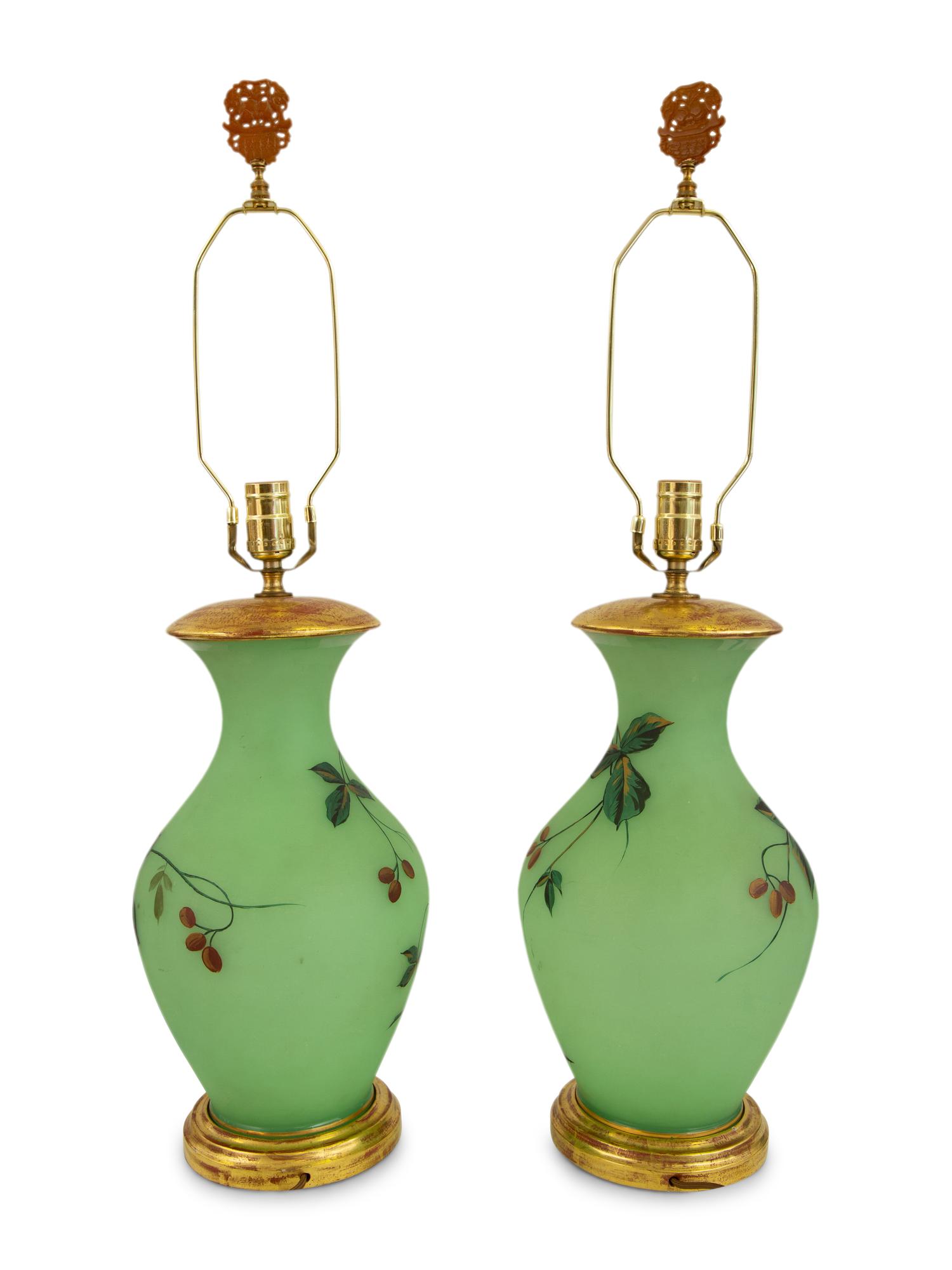 A Pair of French Green Opaline Glass Vases, Now Mounted as Lamps