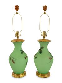 A Pair of French Green Opaline Glass Vases, Now Mounted as Lamps
