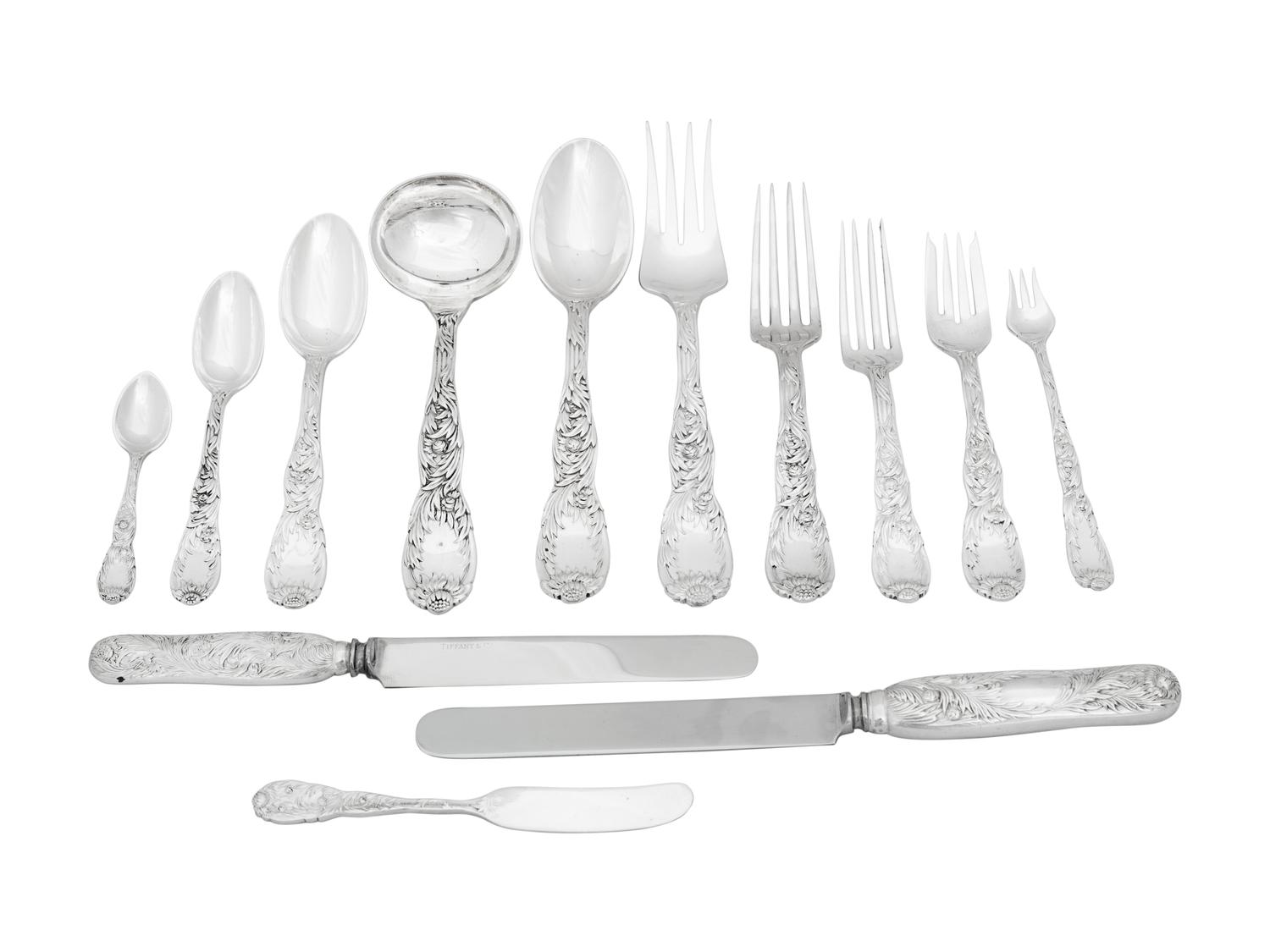 An Assembled Tiffany and Co. Chrysanthemum Silver Flatware Service