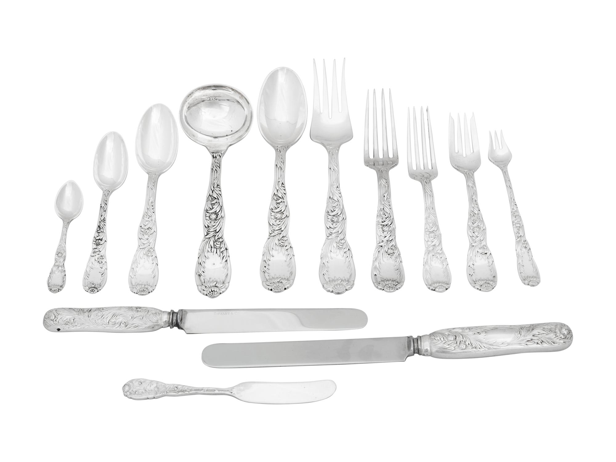 An Assembled Tiffany and Co. Chrysanthemum Silver Flatware Service